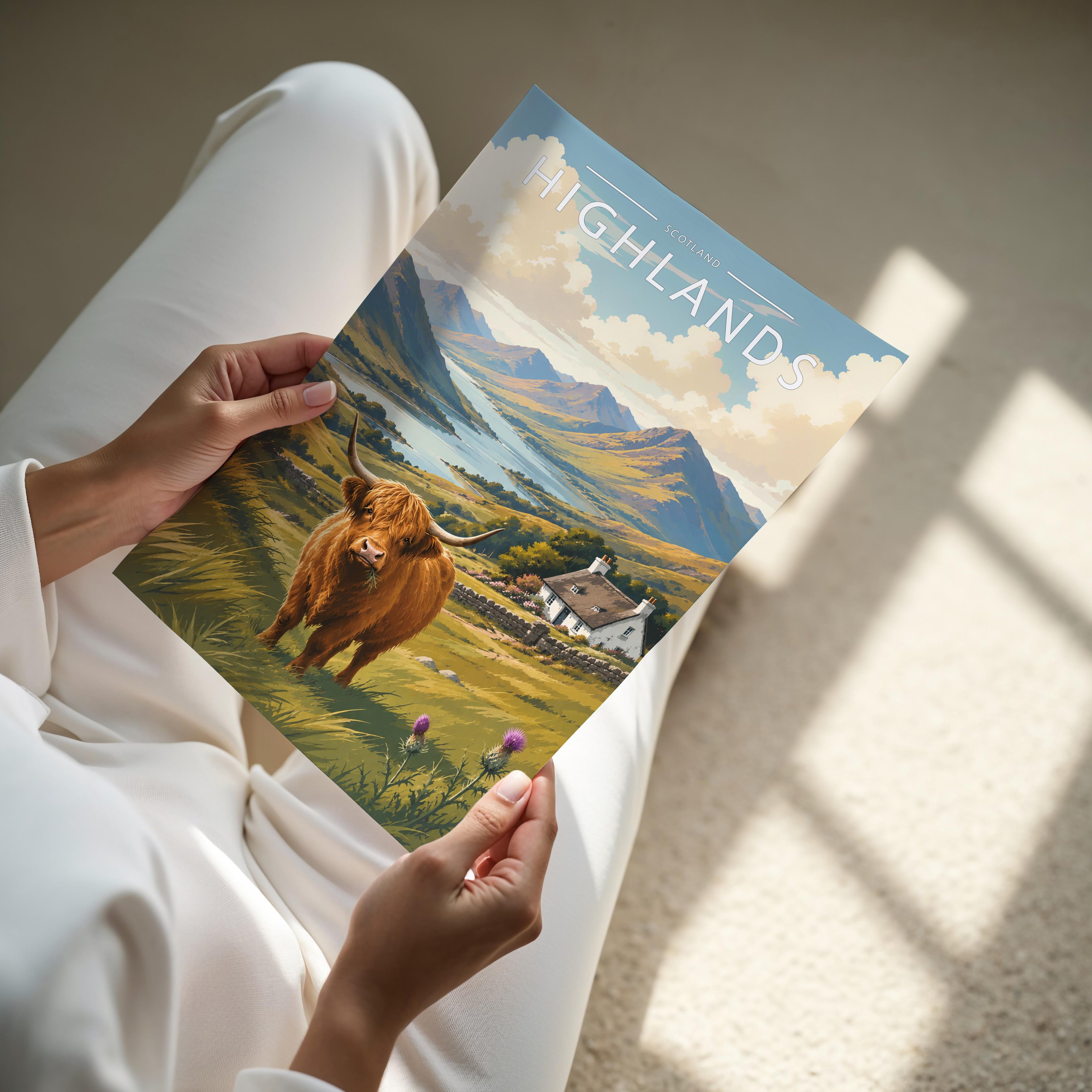 Highlands Travel Poster - A4 print held in hand