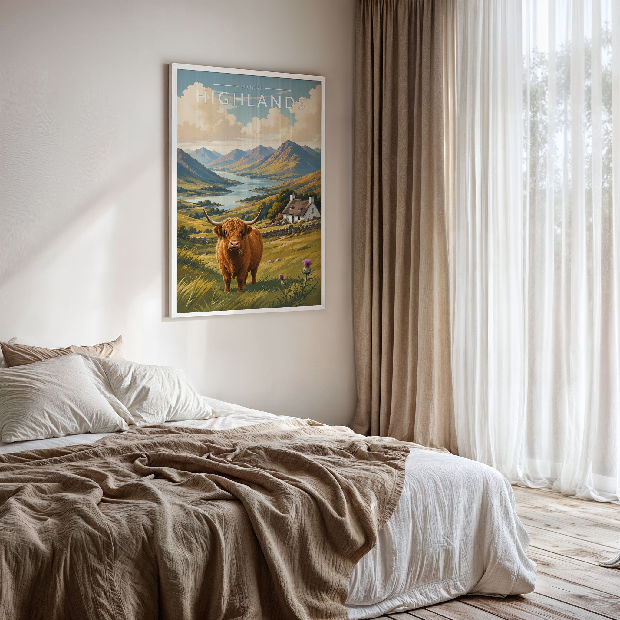 Highlands Travel Poster framed on a bedroom wall