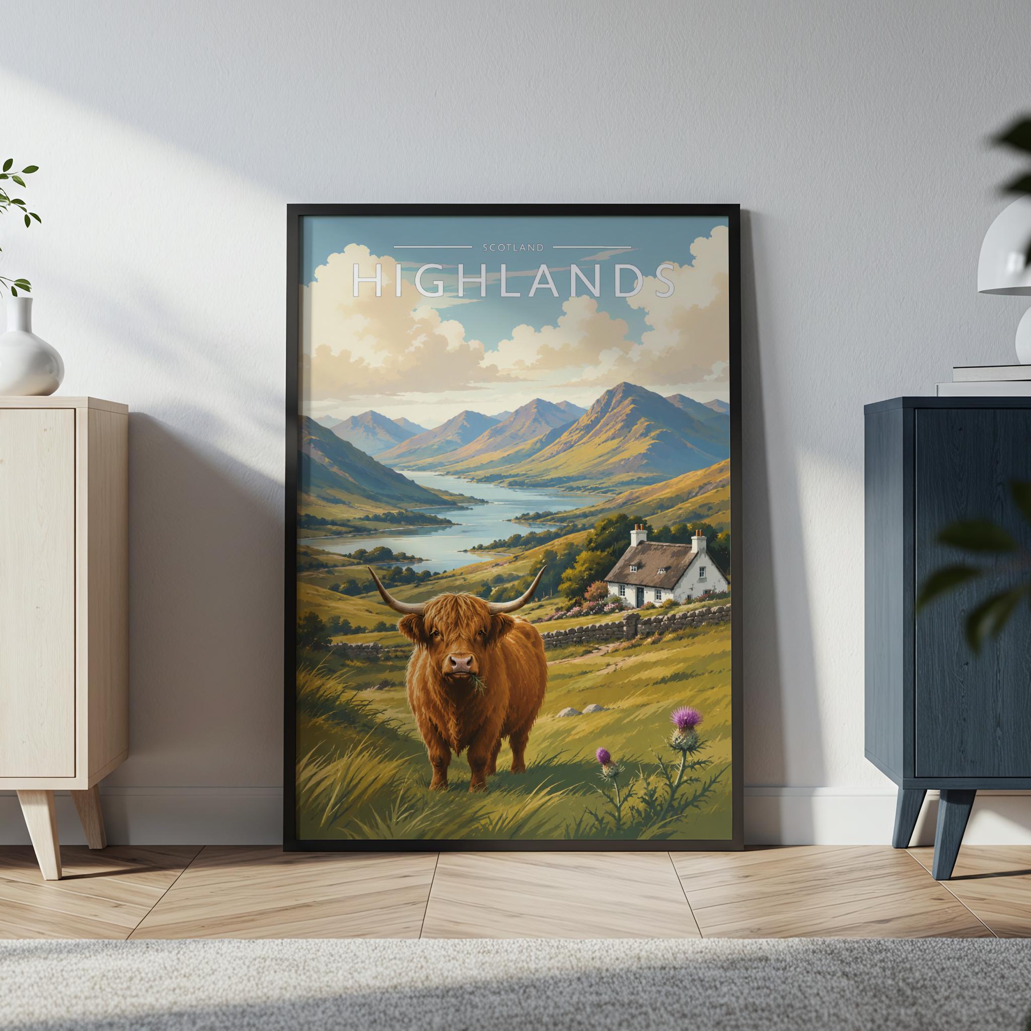 Highlands Travel Poster in a black frame