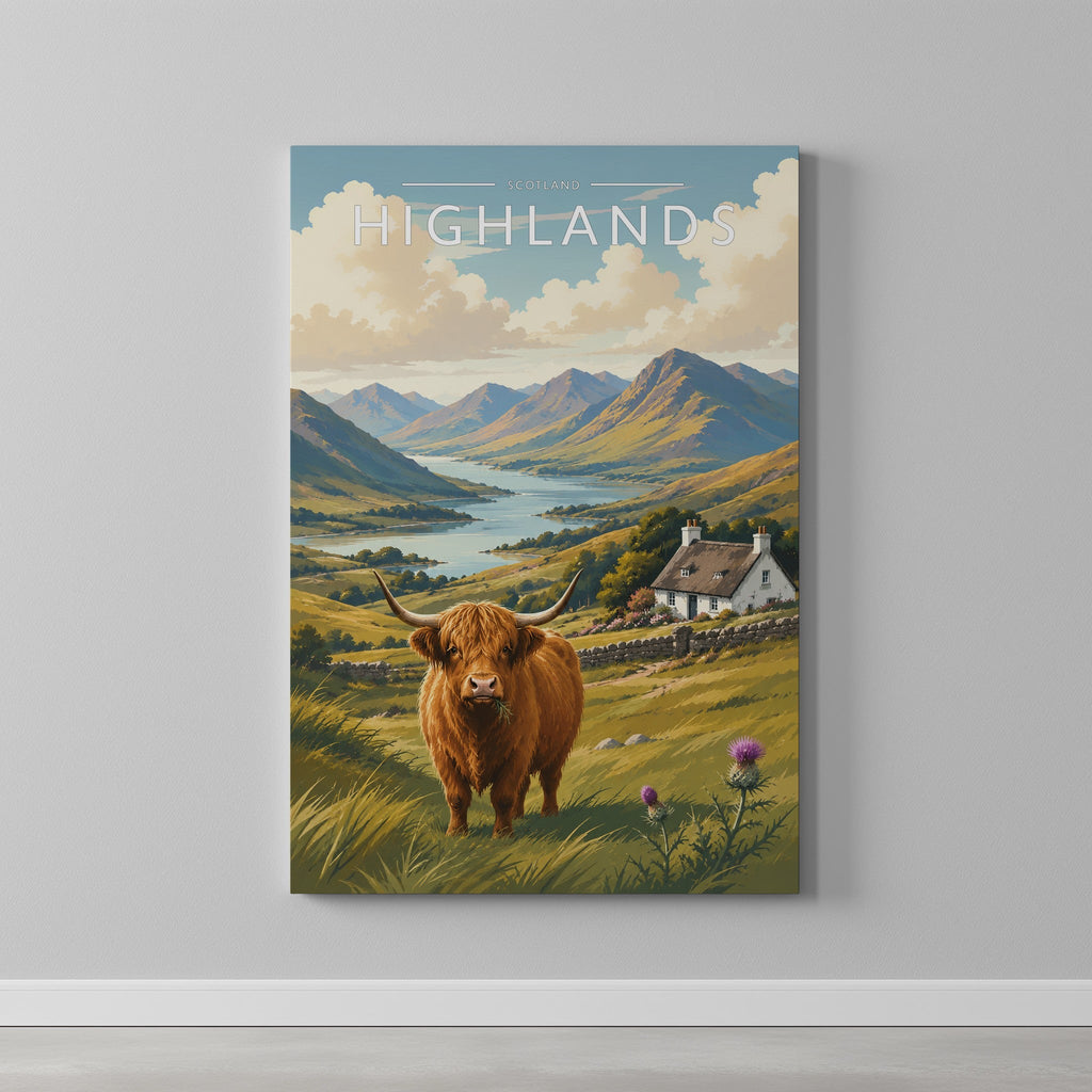 Highlands Travel Poster as a gallery-wrapped canvas on a plain wall