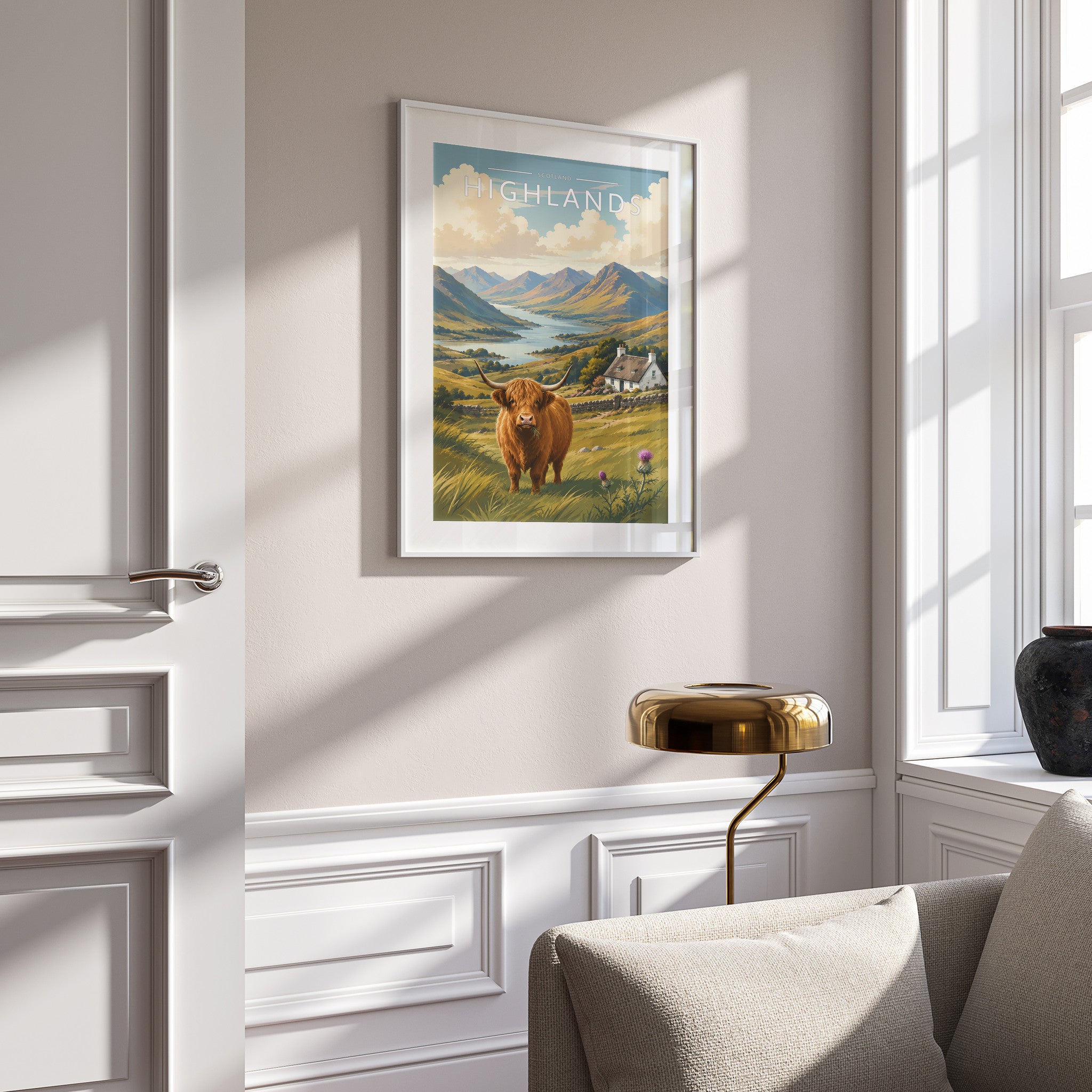 Highlands Travel Poster in a white frame on a panelled wall
