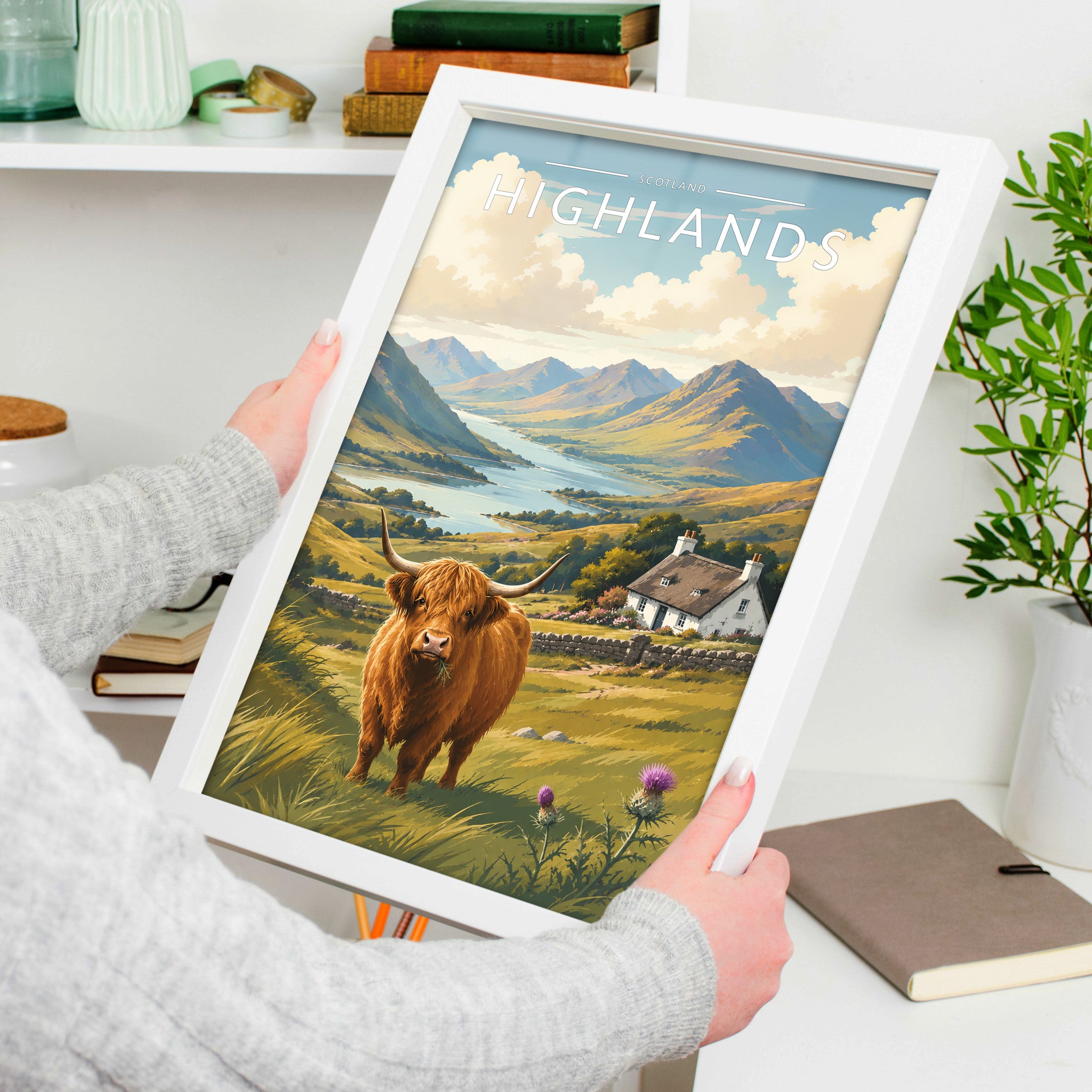 Highlands Travel Poster in a white frame, held to show scale