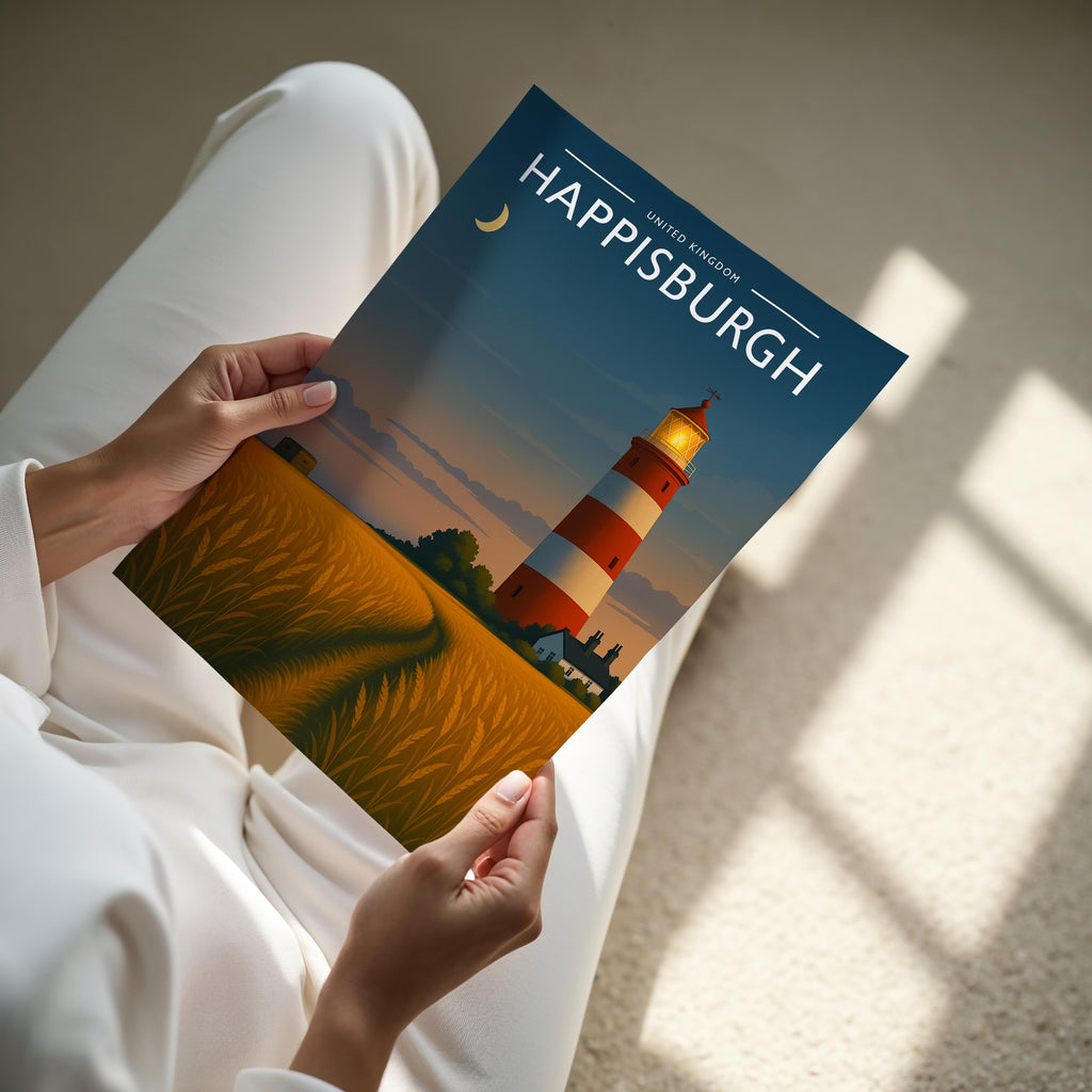Happisburgh Travel Poster - A4 print held in hand