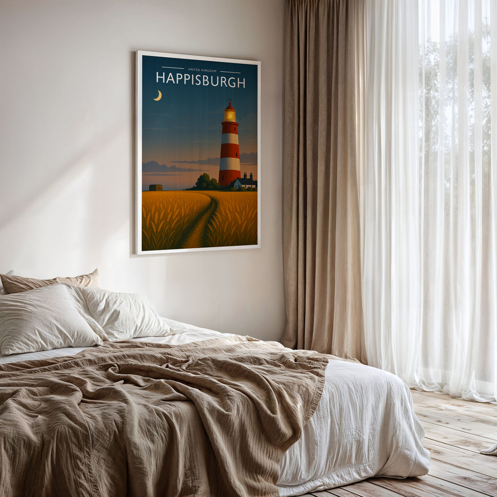 Happisburgh Travel Poster framed on a bedroom wall