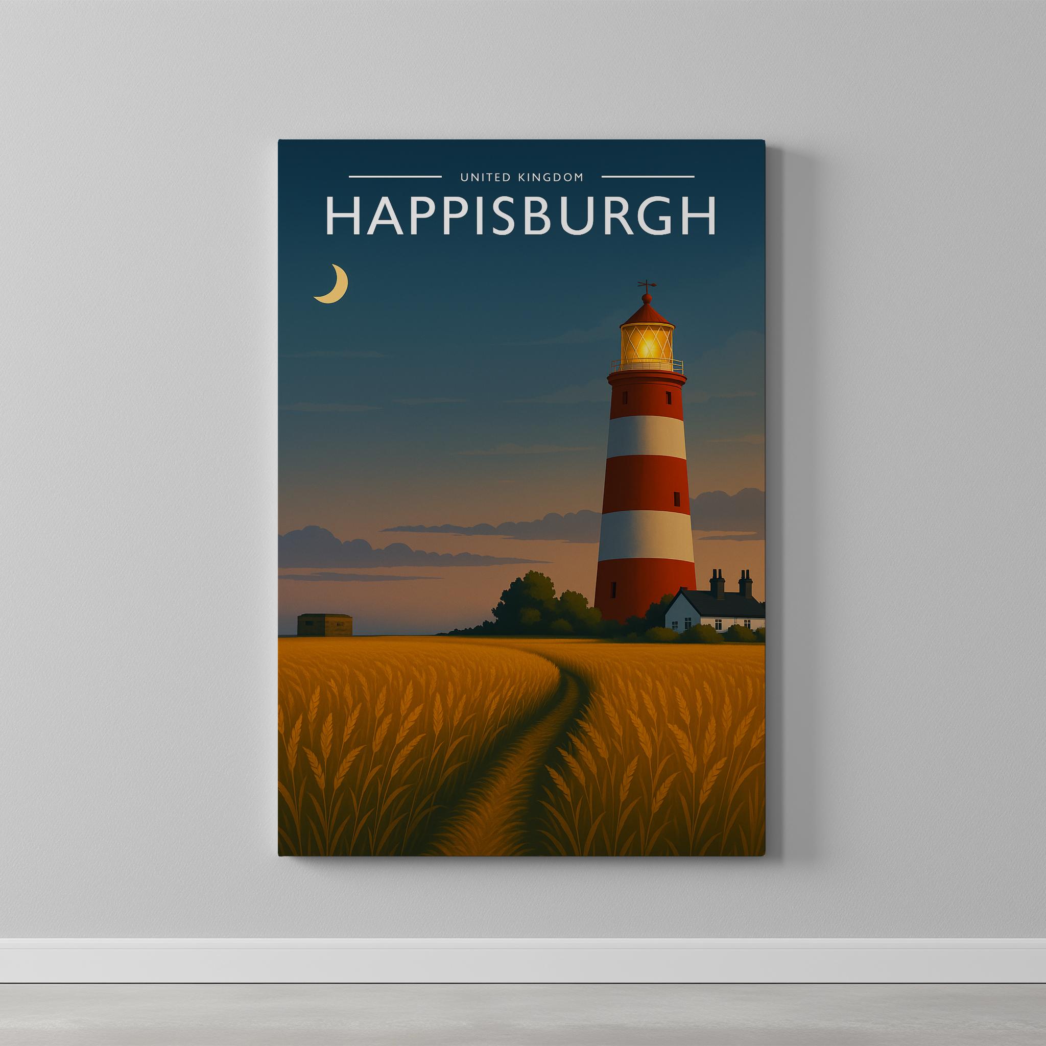 Happisburgh Travel Poster as a gallery-wrapped canvas on a plain wall