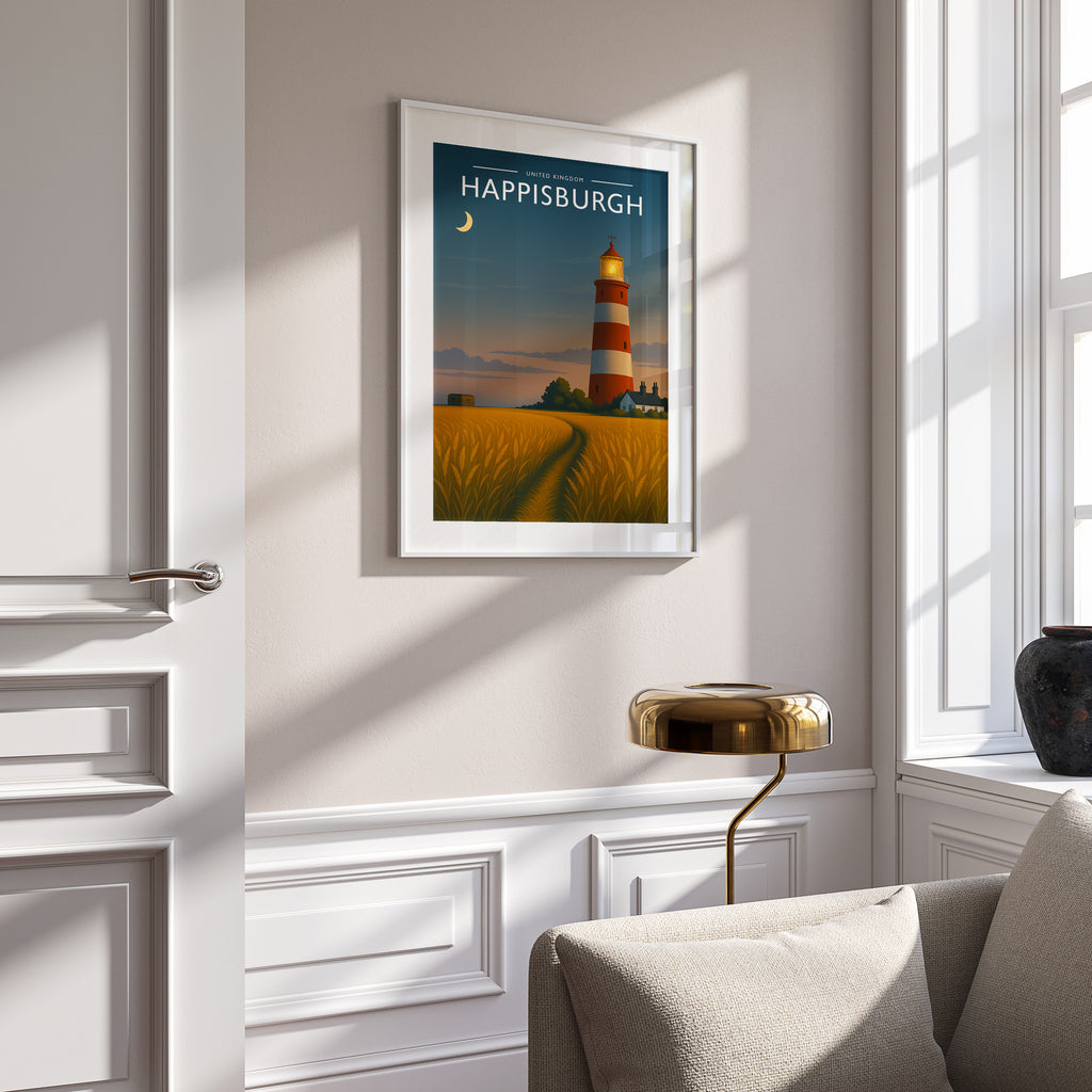 Happisburgh Travel Poster in a white frame on a panelled wall