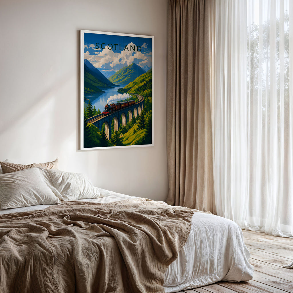 Scotland Travel Poster framed on a bedroom wall