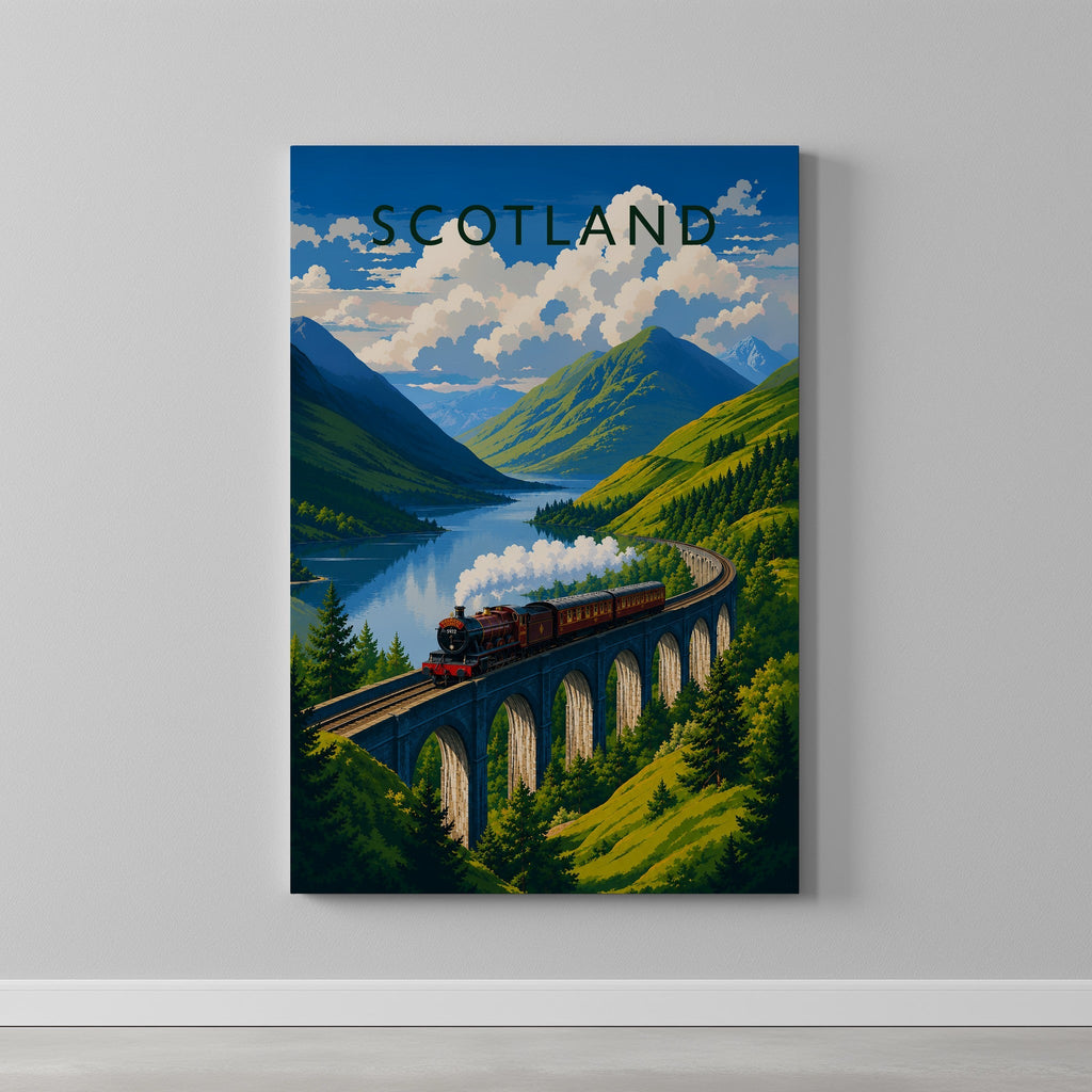 Scotland Travel Poster as a gallery-wrapped canvas on a plain wall