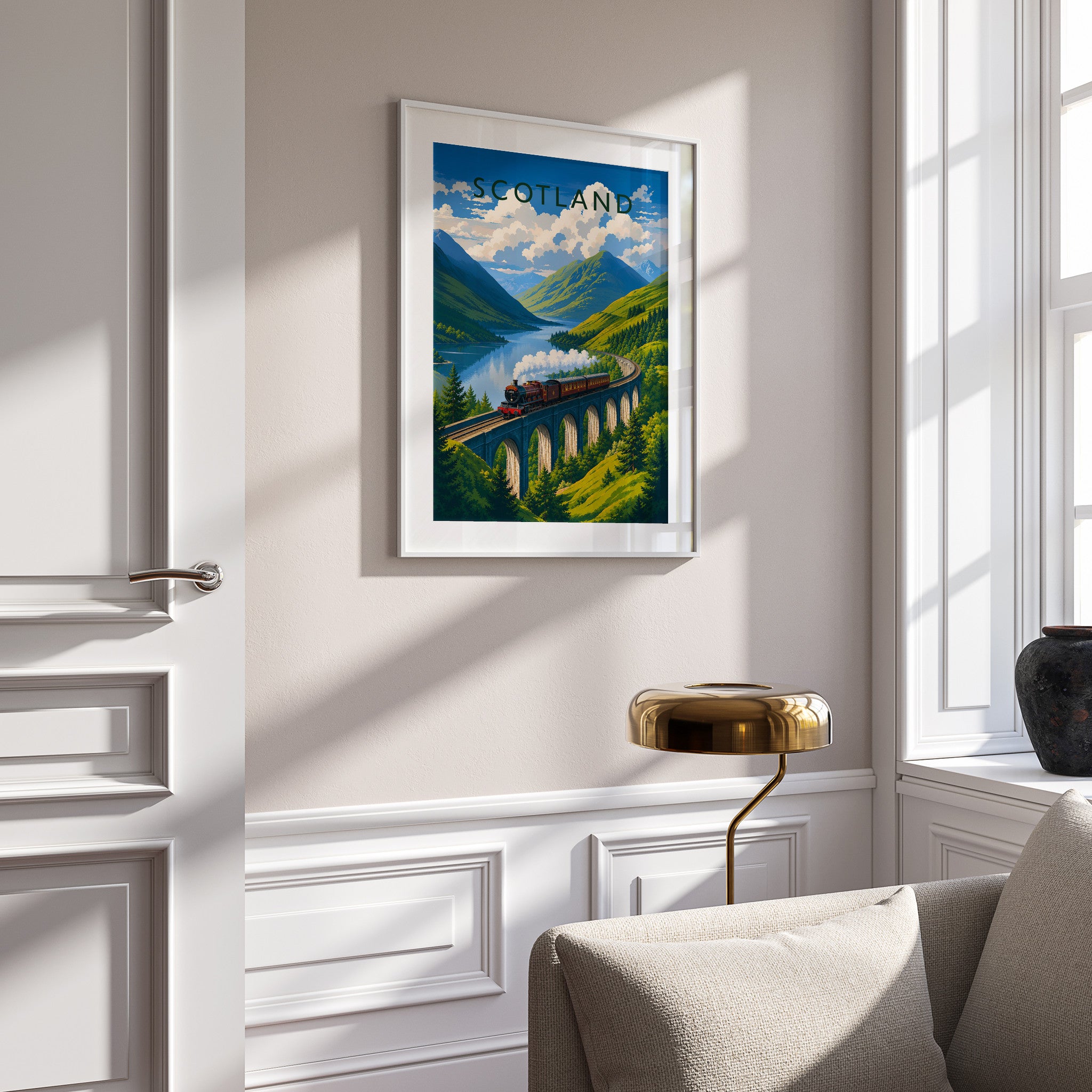 Scotland Travel Poster in a white frame on a panelled wall
