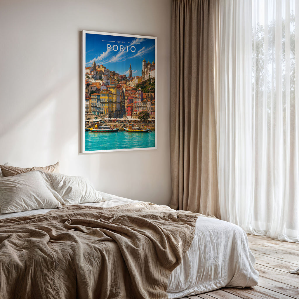 Porto #2 Travel Poster framed on a bedroom wall