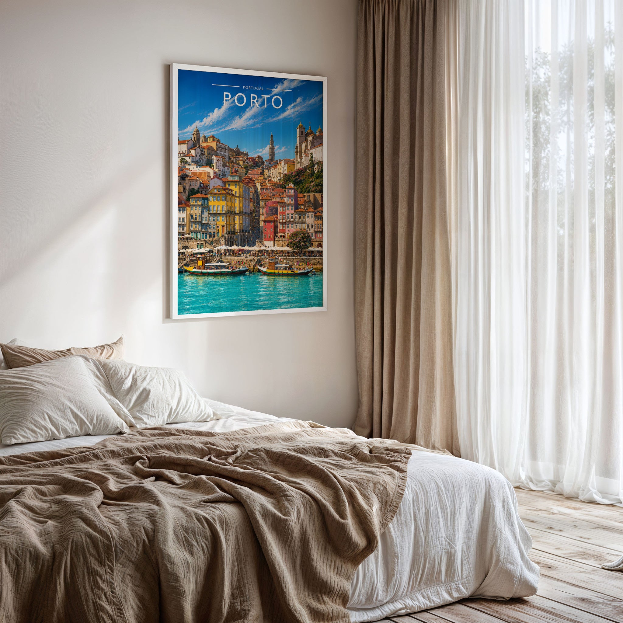 Porto #2 Travel Poster framed on a bedroom wall