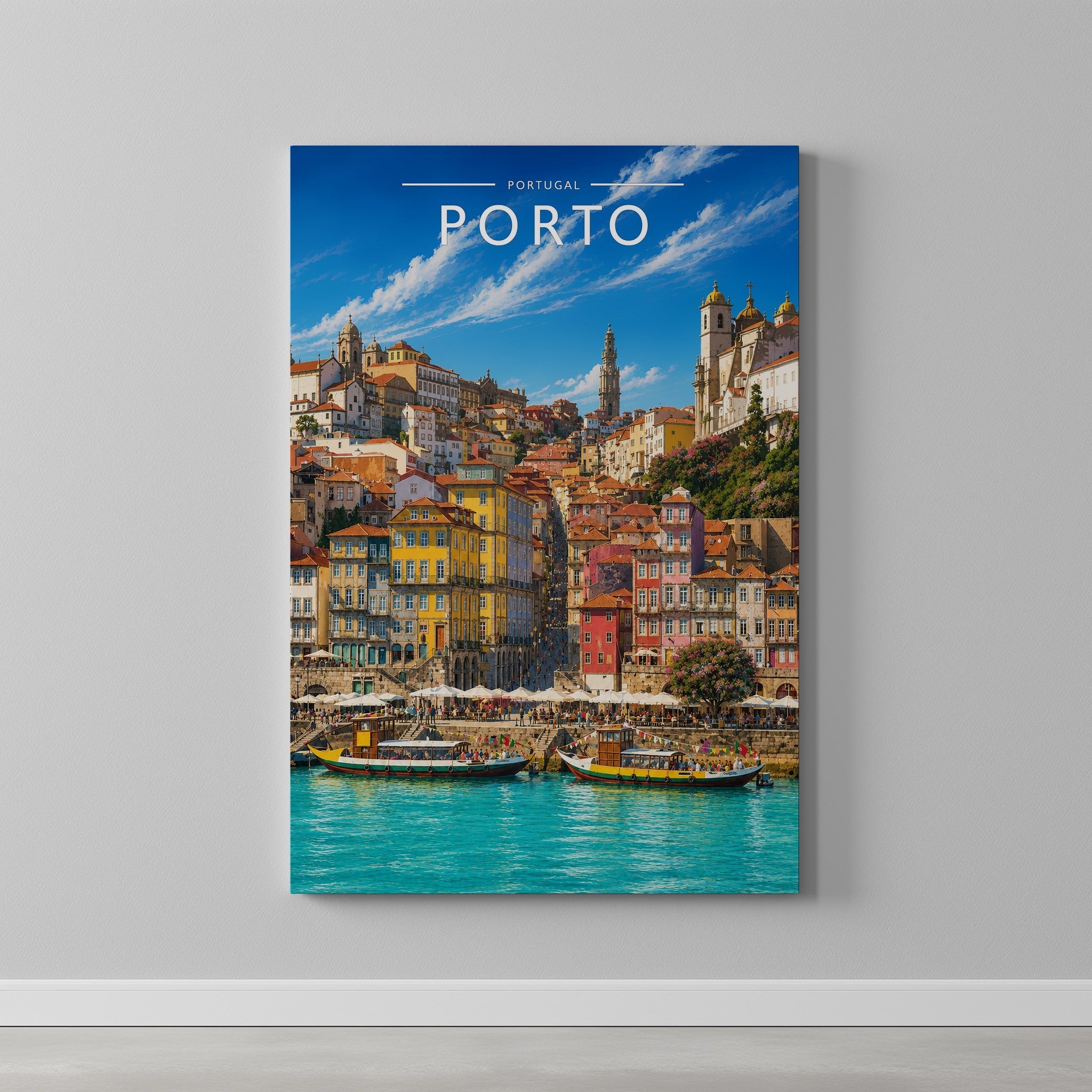 Porto #2 Travel Poster as a gallery-wrapped canvas on a plain wall