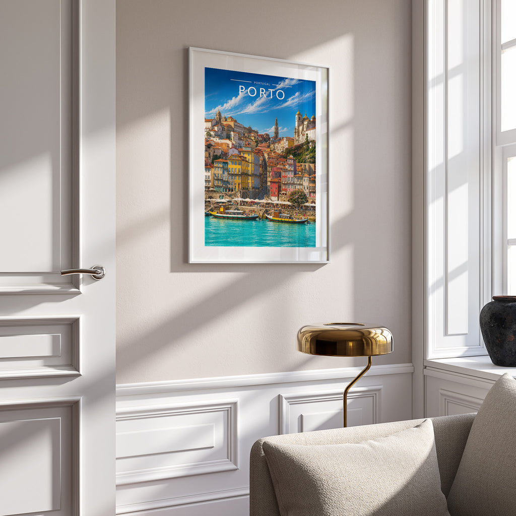 Porto #2 Travel Poster in a white frame on a panelled wall