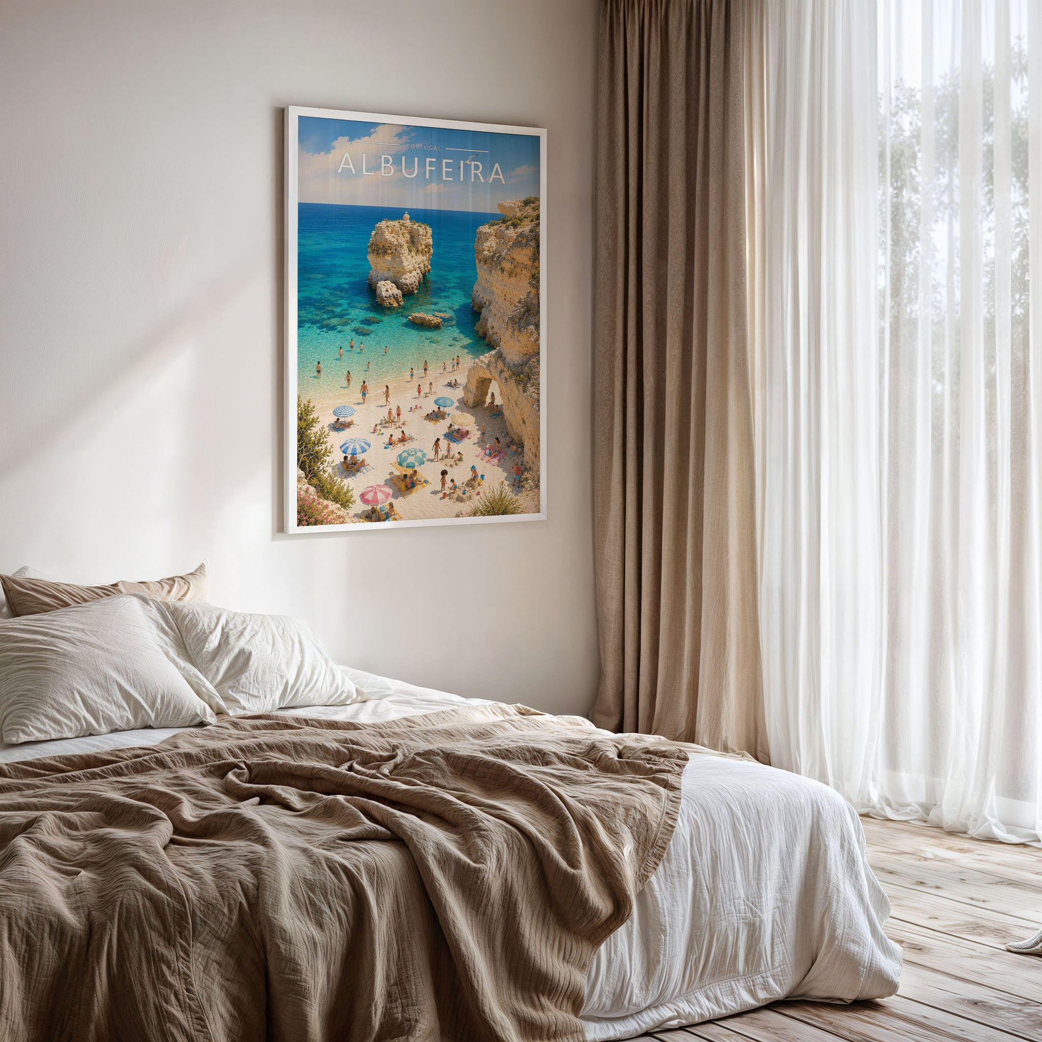 Albufeira Travel Poster framed on a bedroom wall