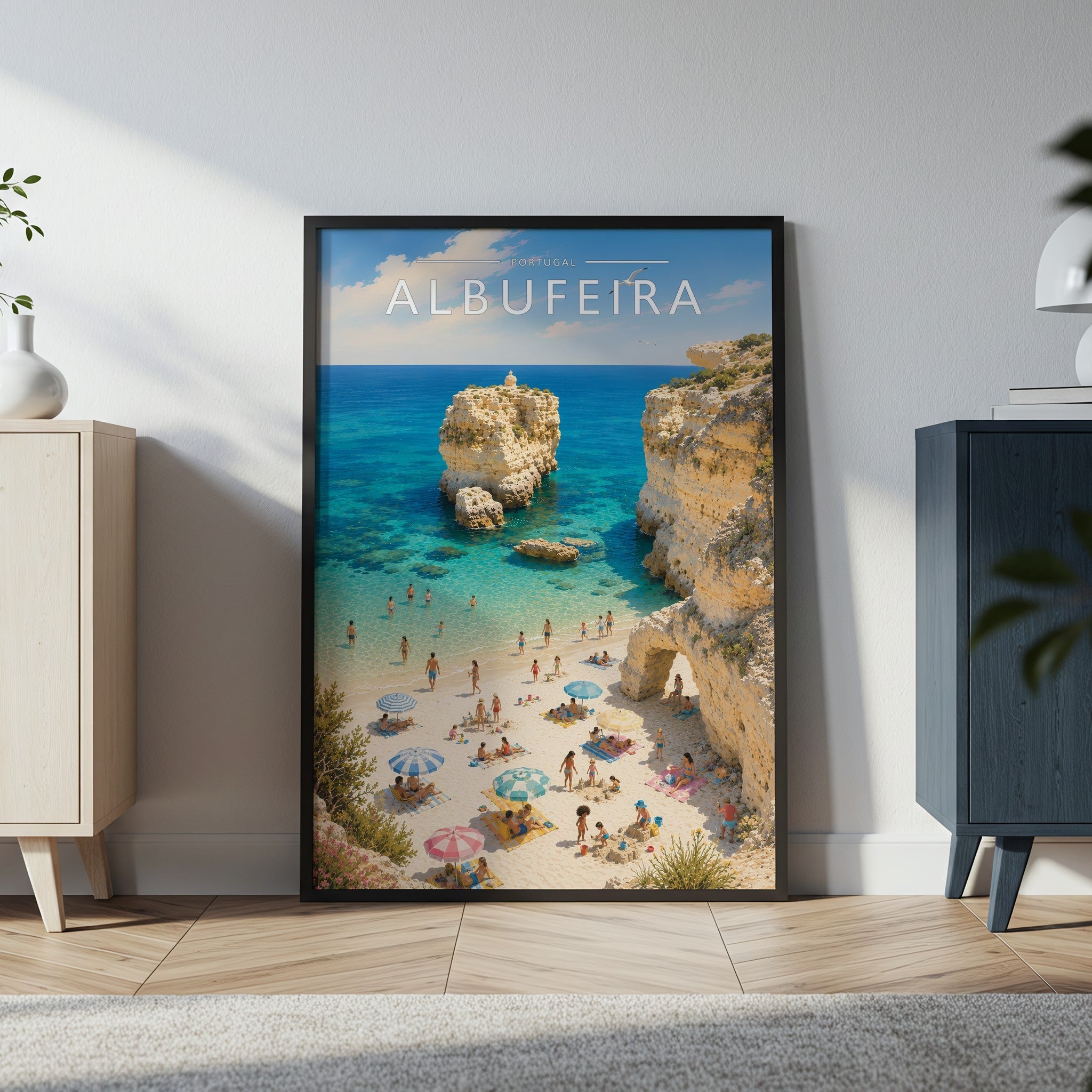 Albufeira Travel Poster in a black frame