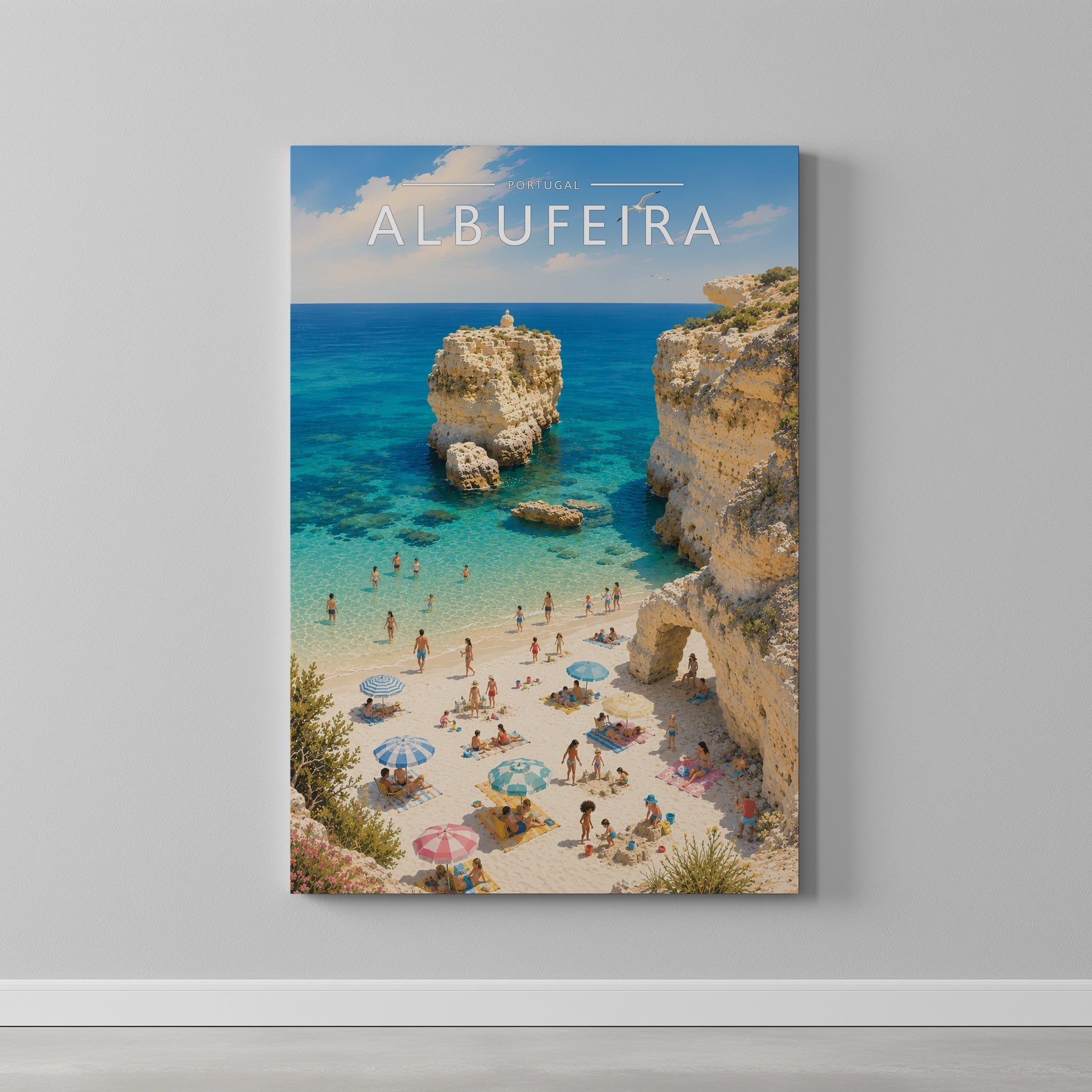 Albufeira Travel Poster as a gallery-wrapped canvas on a plain wall