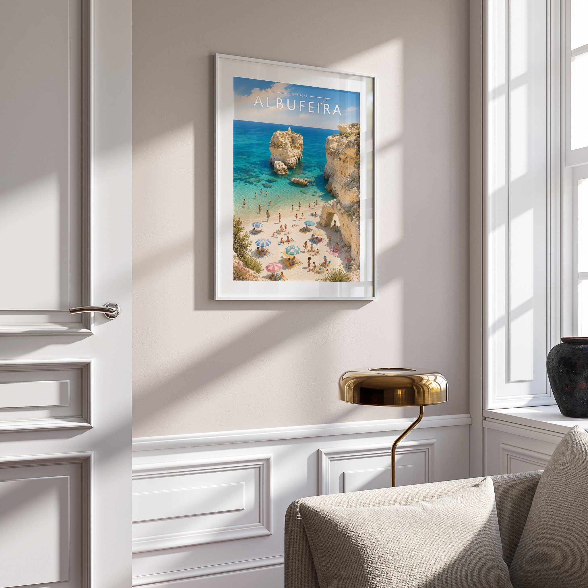 Albufeira Travel Poster mounted in a white frame