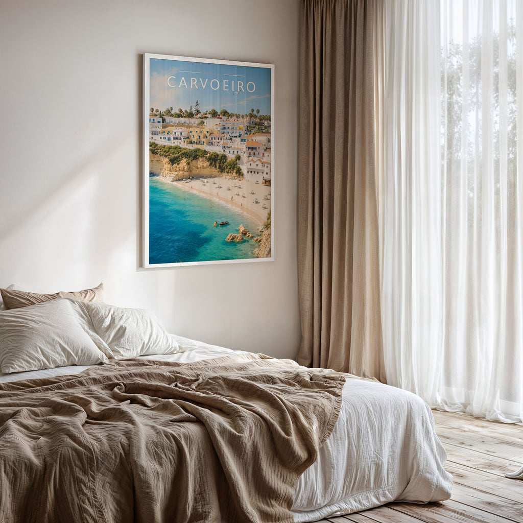 Carvoeiro Travel Poster framed on a bedroom wall