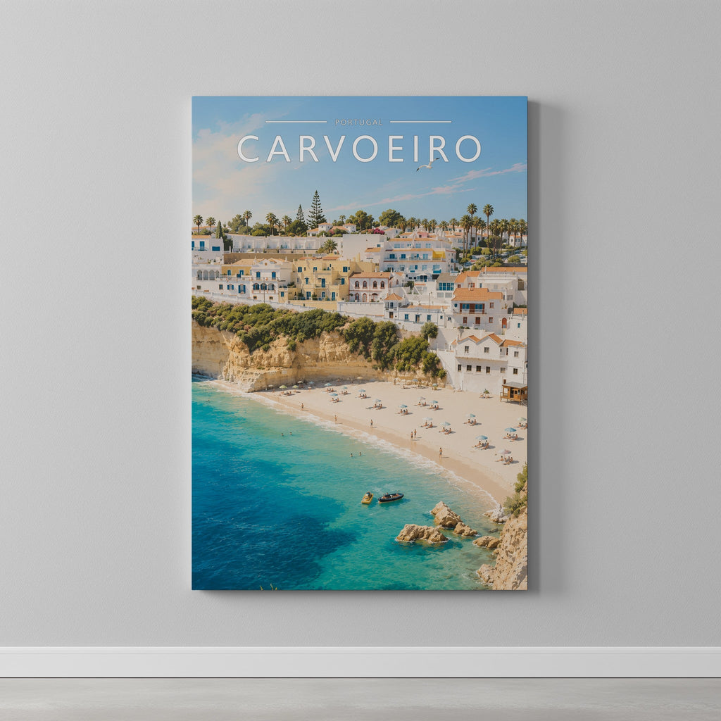 Carvoeiro Travel Poster as a gallery-wrapped canvas on a plain wall