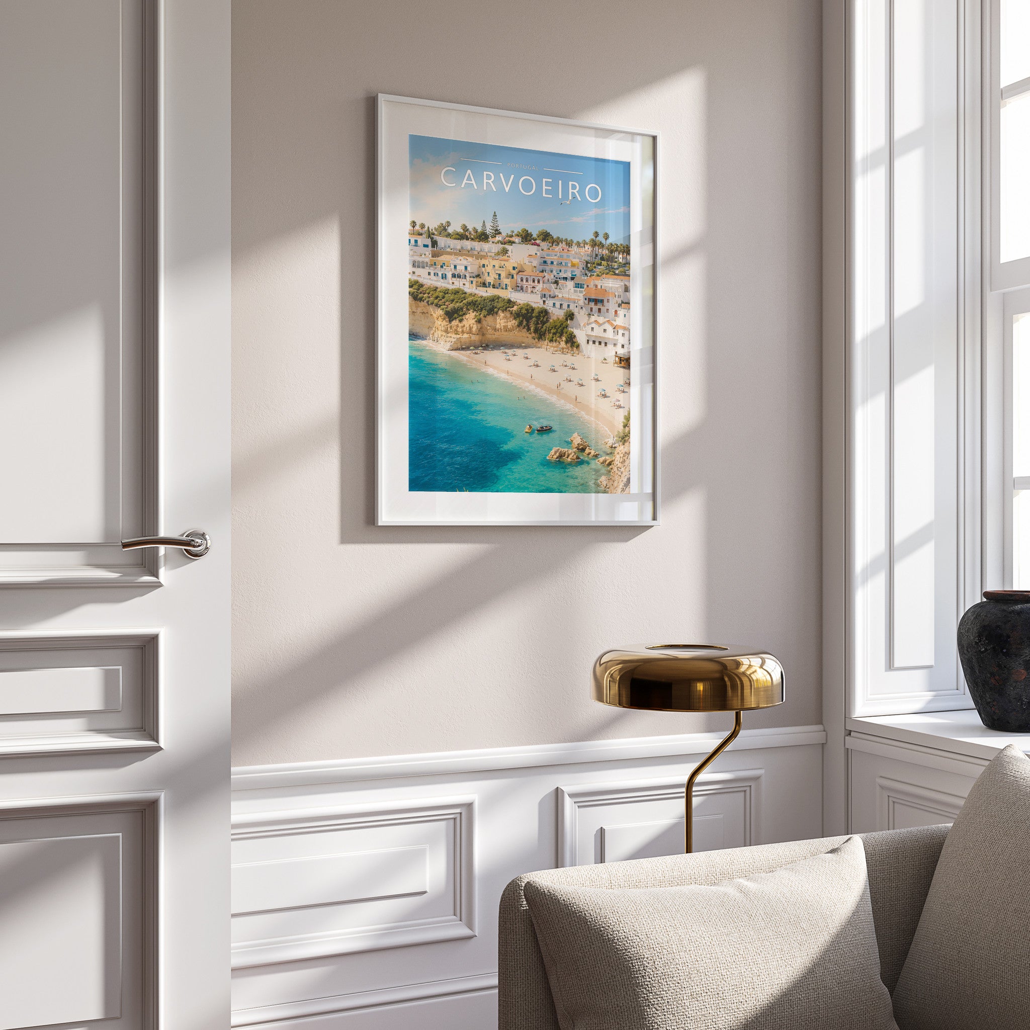 Carvoeiro Travel Poster in a white frame on a panelled wall