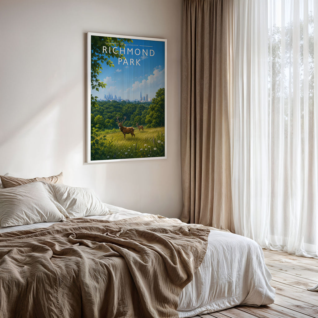 Richmond Park Travel Poster framed on a bedroom wall