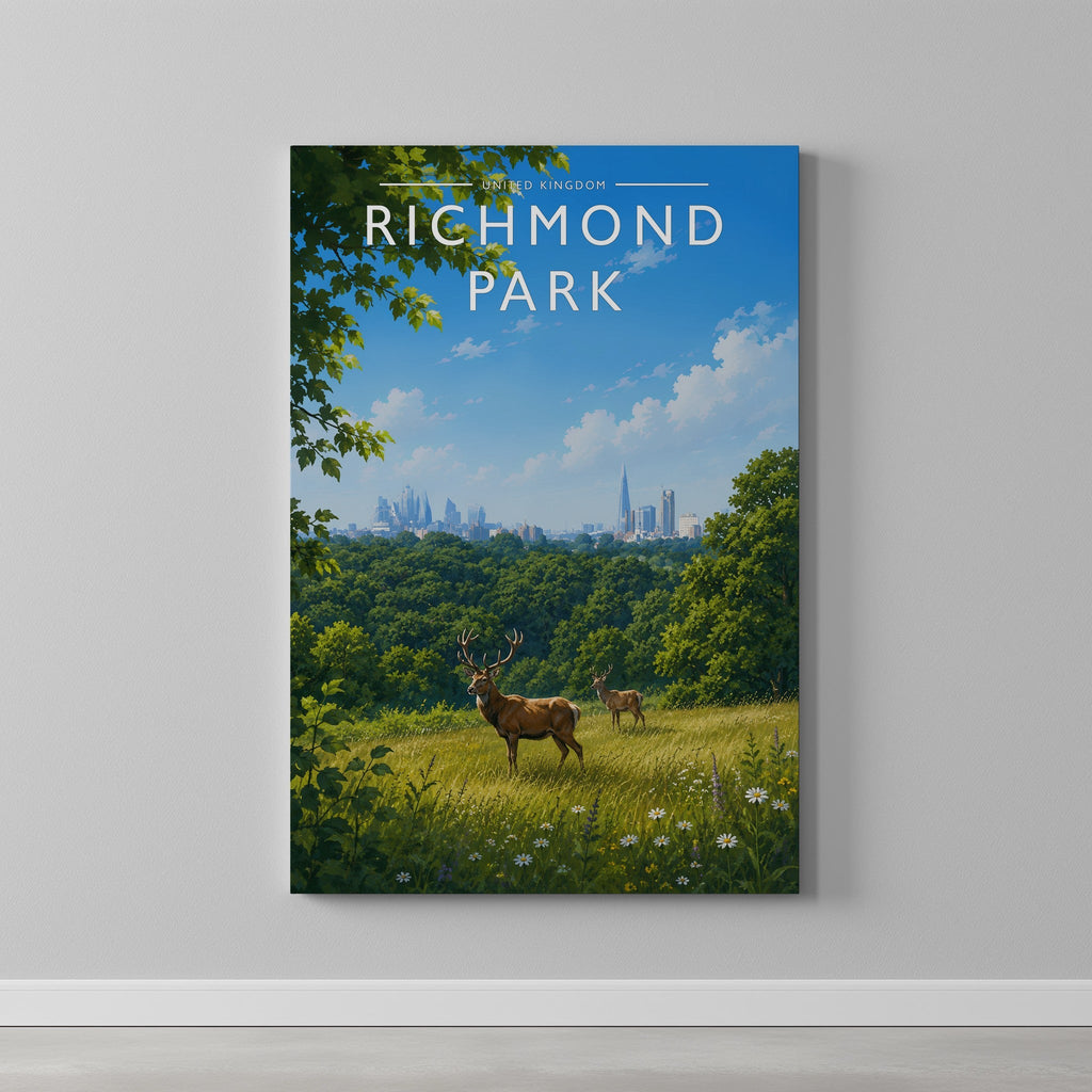 Richmond Park Travel Poster as a gallery-wrapped canvas on a plain wall