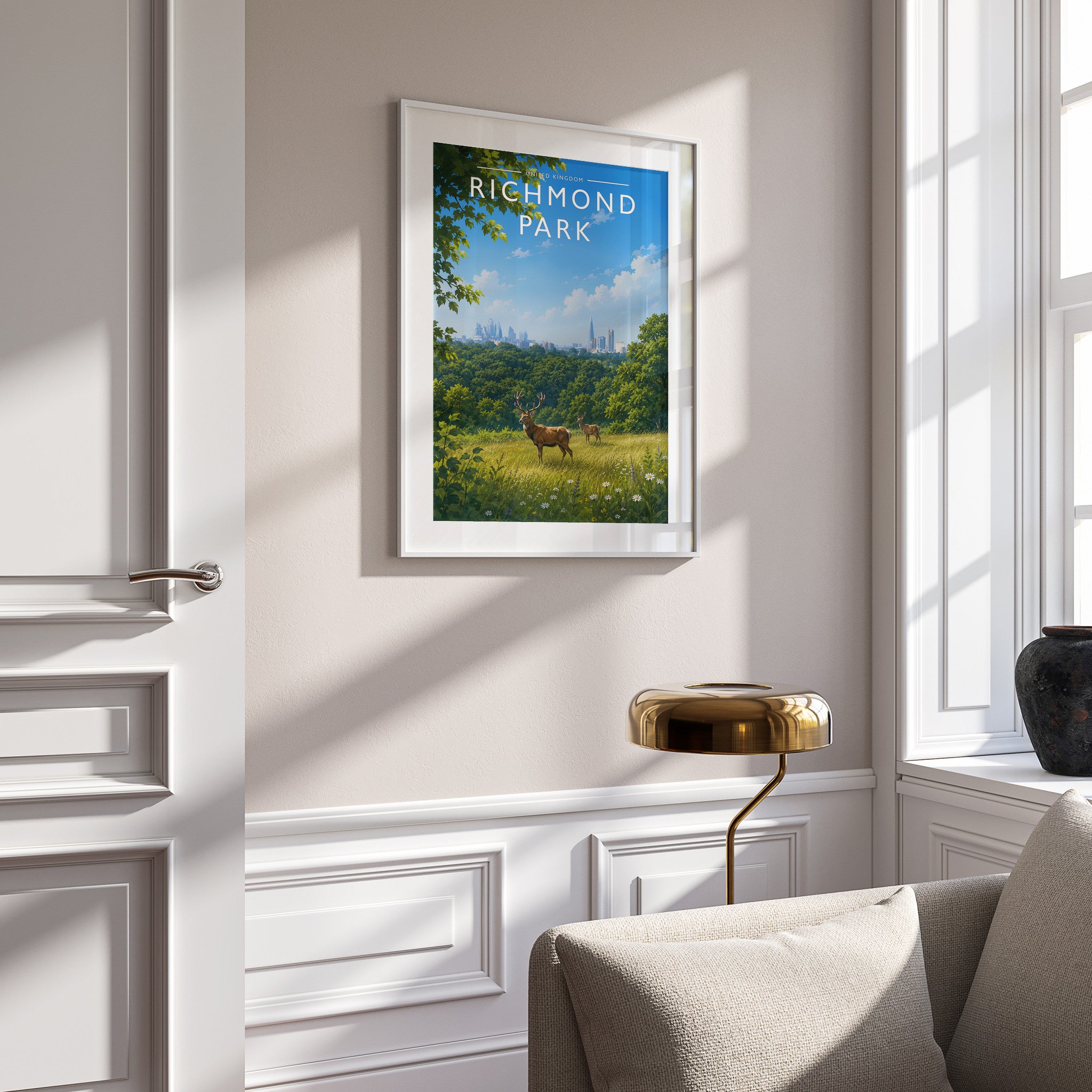 Richmond Park Travel Poster in a white frame on a panelled wall