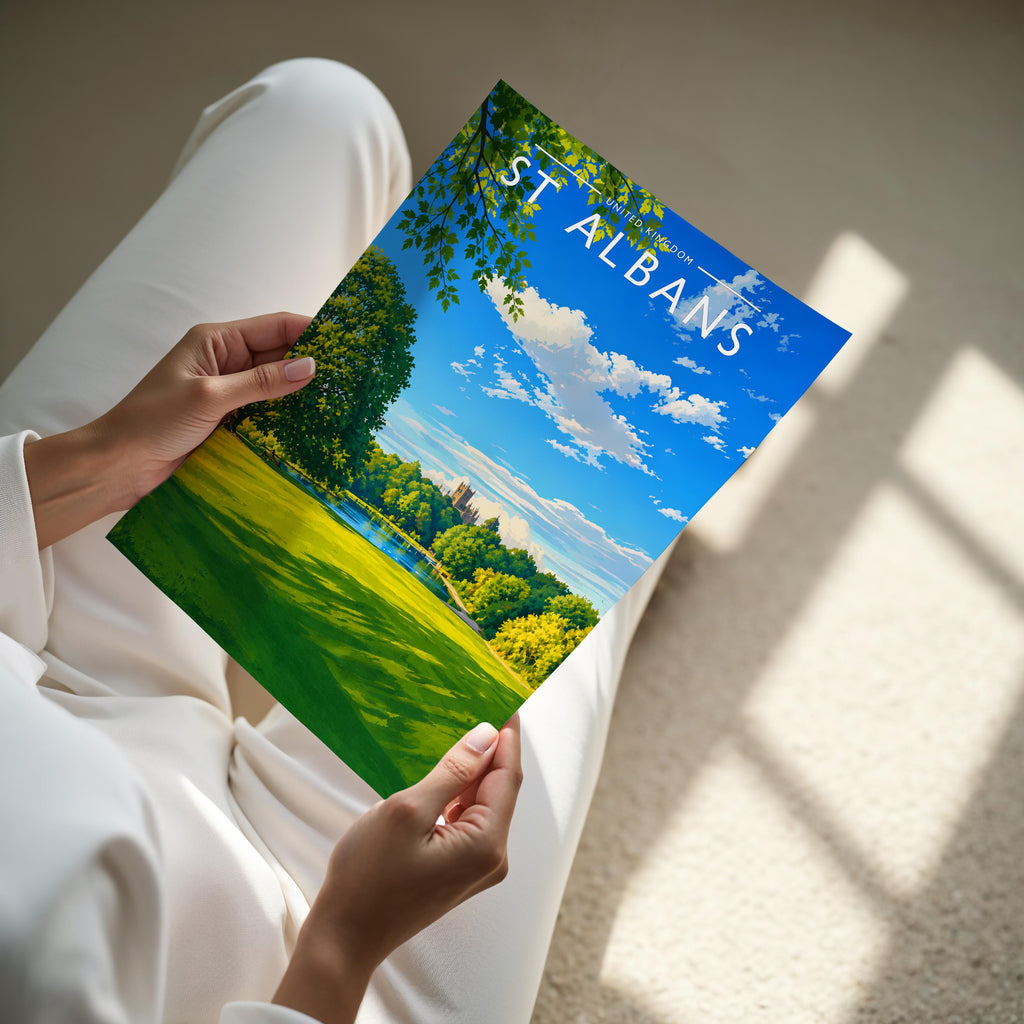 St Albans Travel Poster - A4 print held in hand
