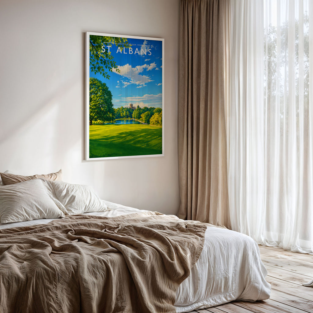 St Albans Travel Poster framed on a bedroom wall