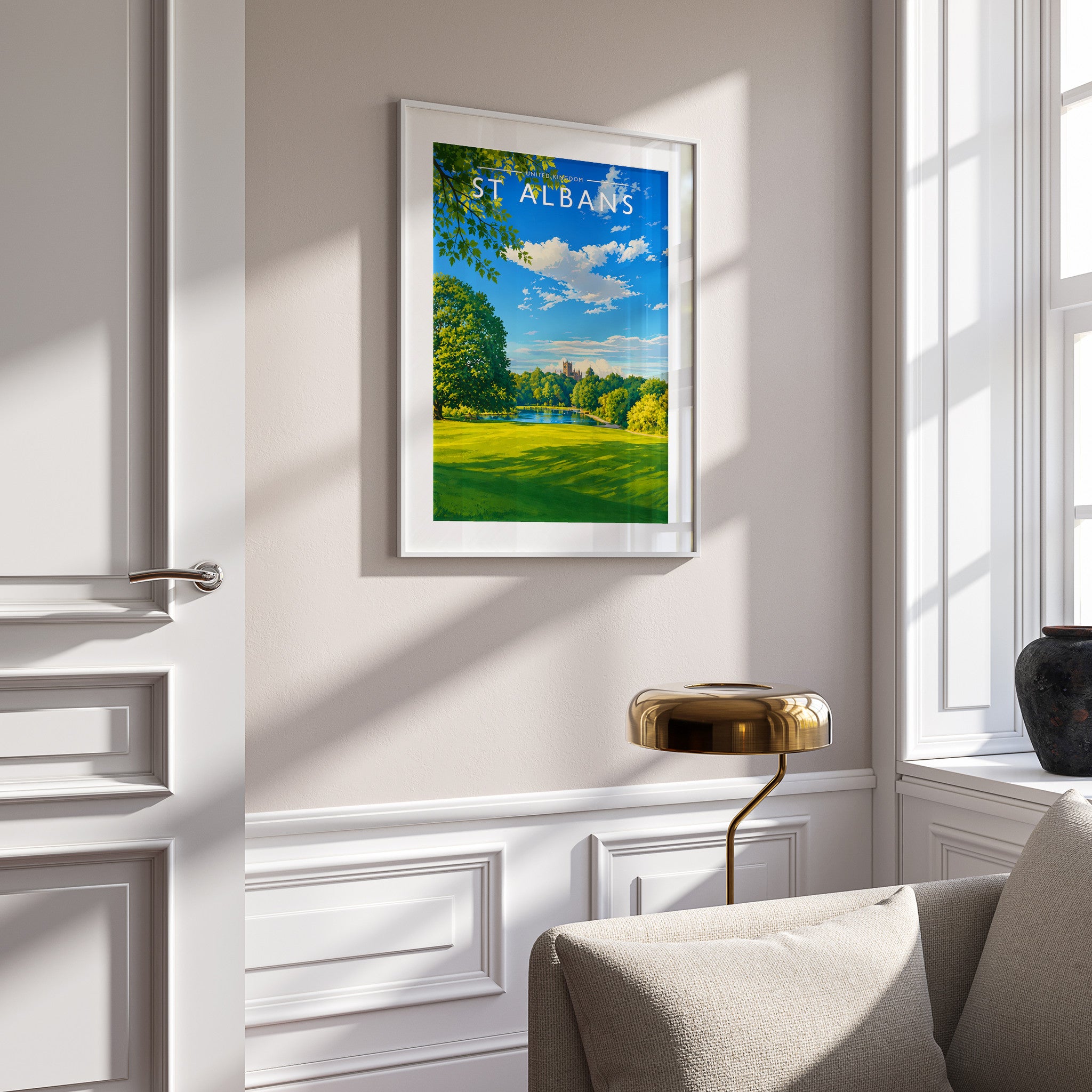 St Albans Travel Poster in a white frame on a panelled wall