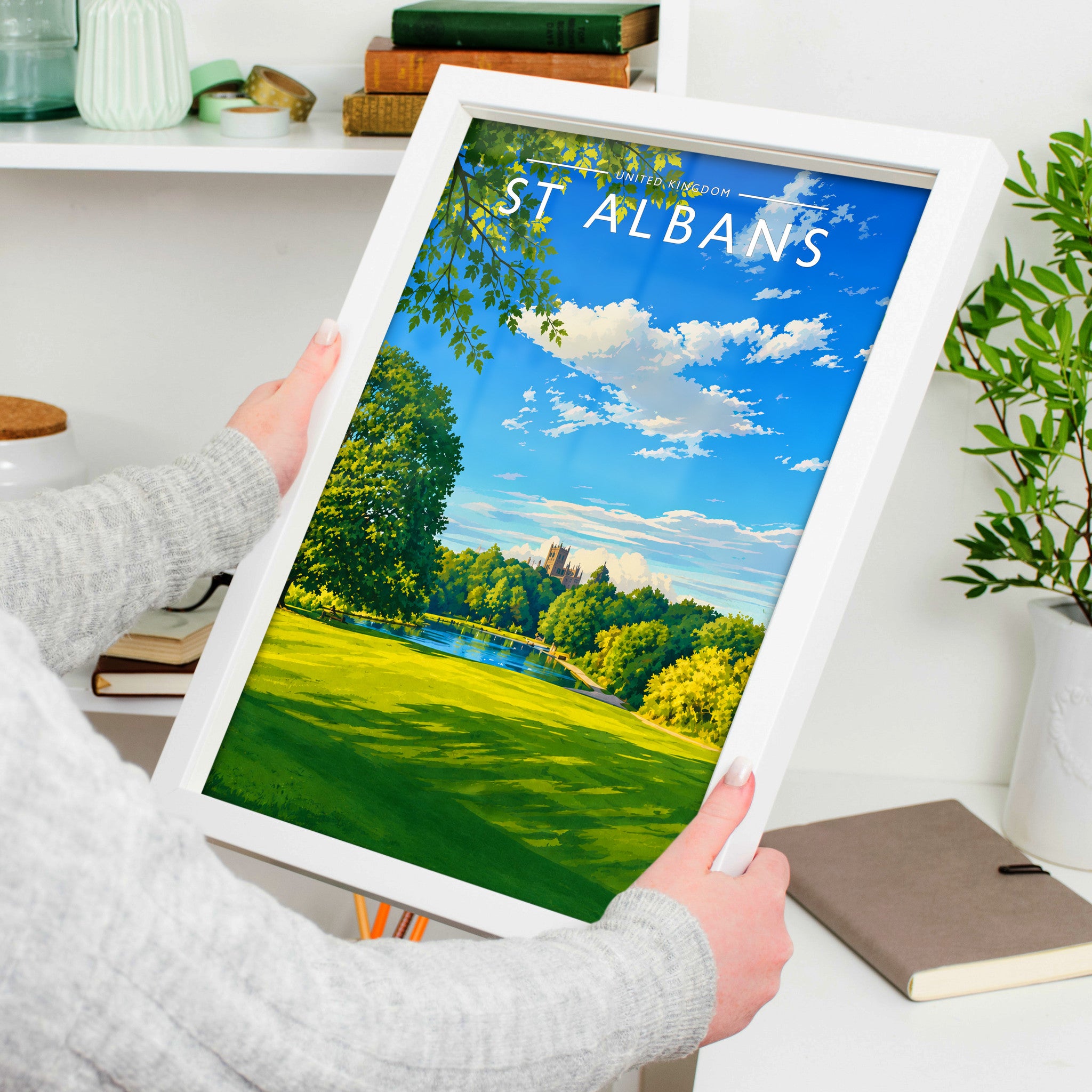 St Albans Travel Poster in a white frame, held to show scale