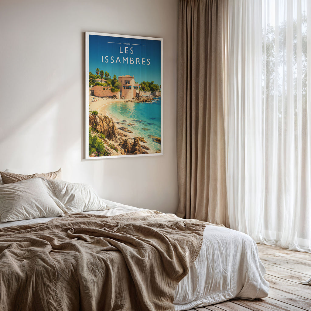 Les Issambres Travel Poster framed on a bedroom wall