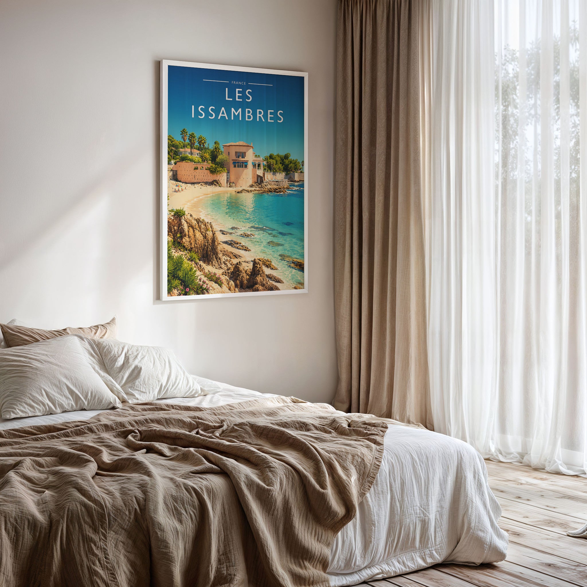 Les Issambres Travel Poster framed on a bedroom wall