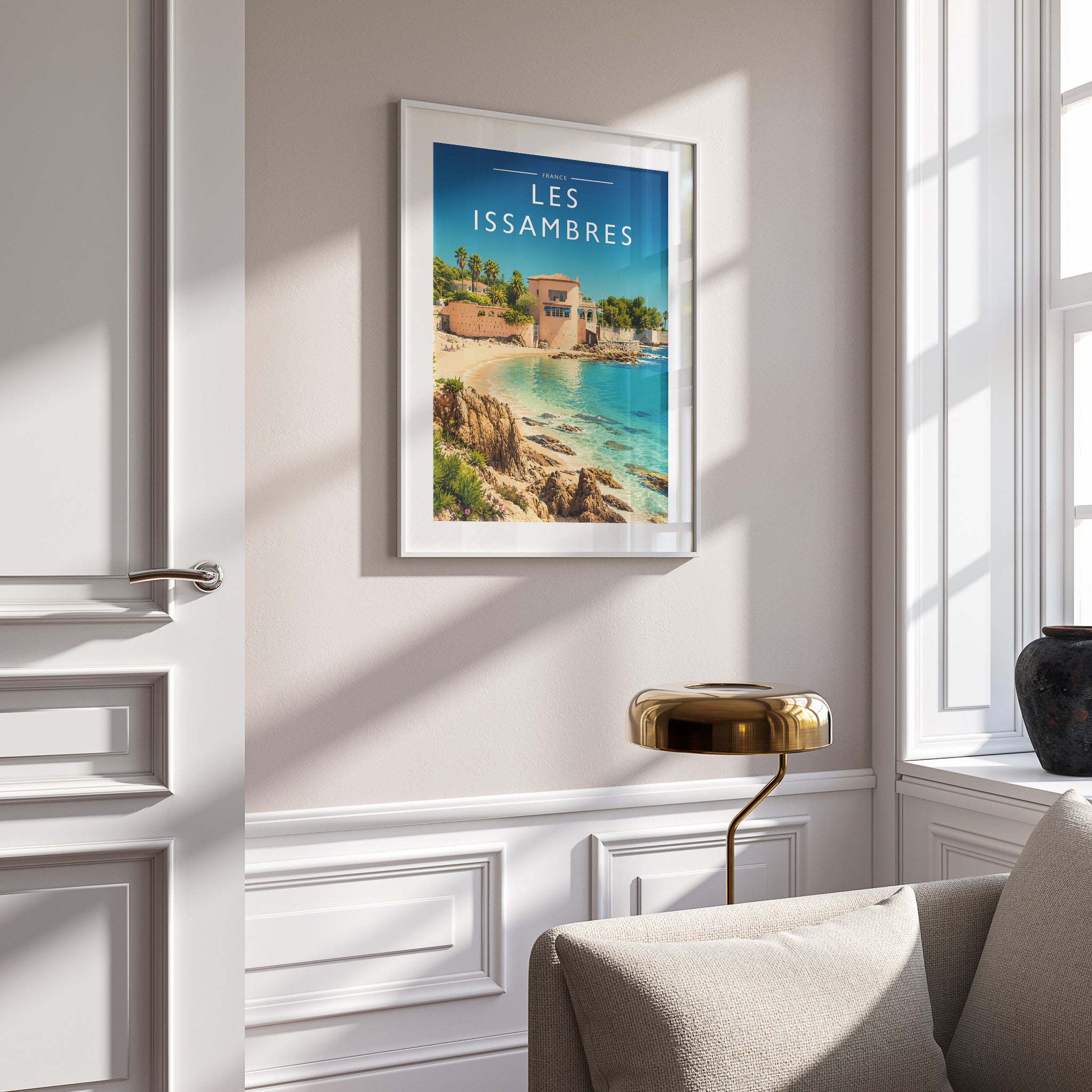 Les Issambres Travel Poster in a white frame on a panelled wall