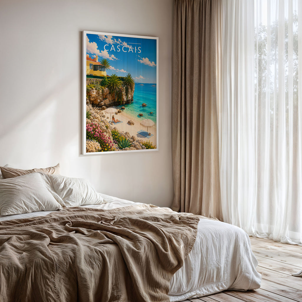 Cascais Travel Poster framed on a bedroom wall