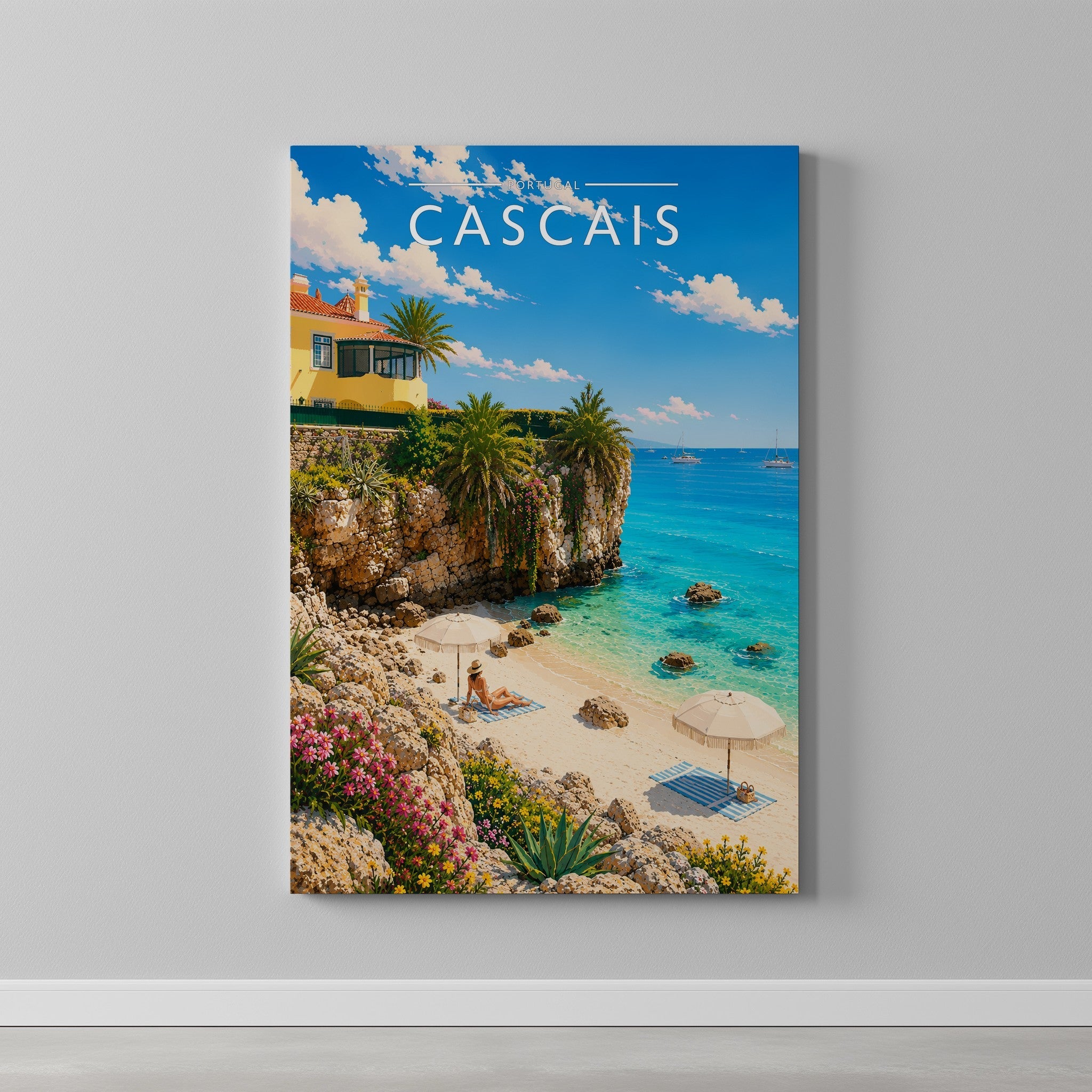 Cascais Travel Poster as a gallery-wrapped canvas on a plain wall