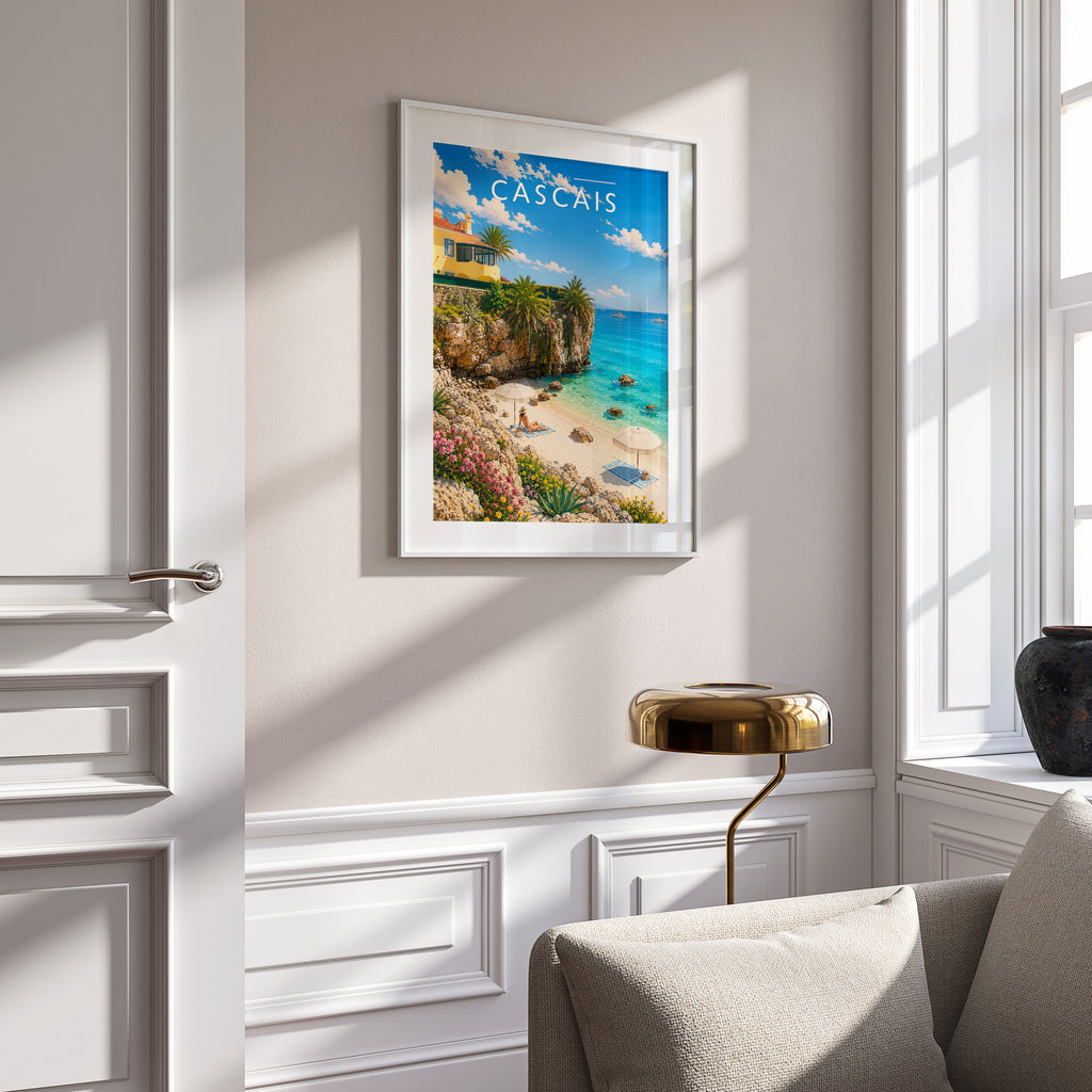 Cascais Travel Poster in a white frame on a panelled wall
