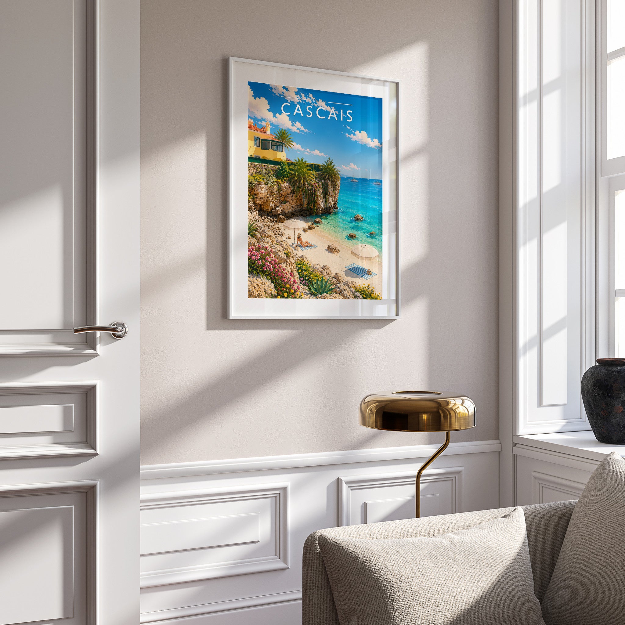 Cascais Travel Poster in a white frame on a panelled wall
