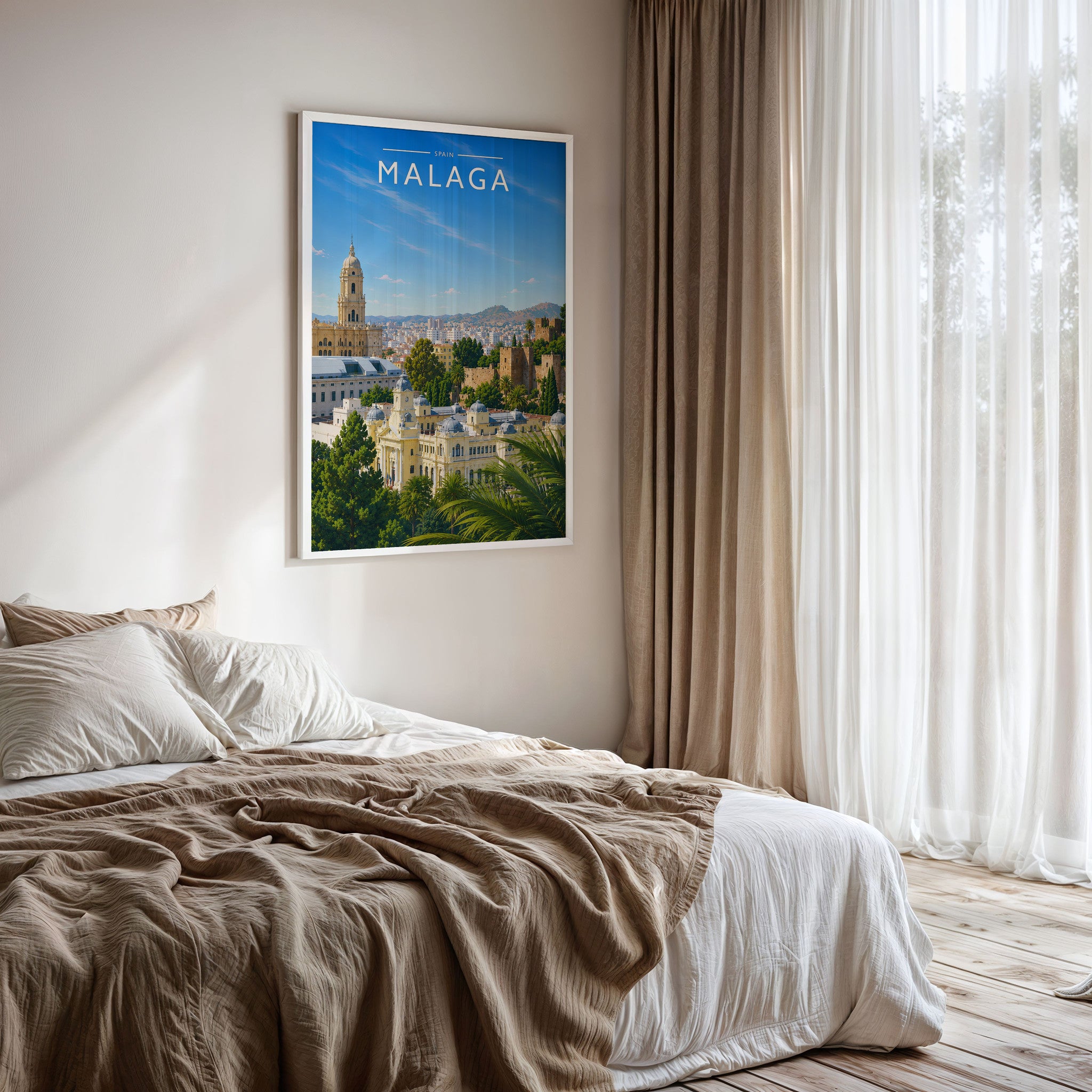 Malaga #2 Travel Poster framed on a bedroom wall