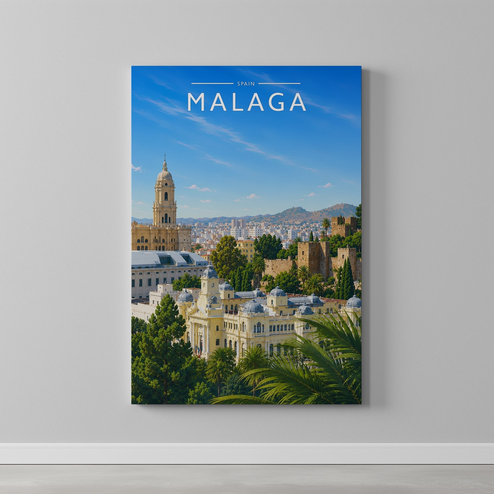 Malaga #2 Travel Poster as a gallery-wrapped canvas on a plain wall