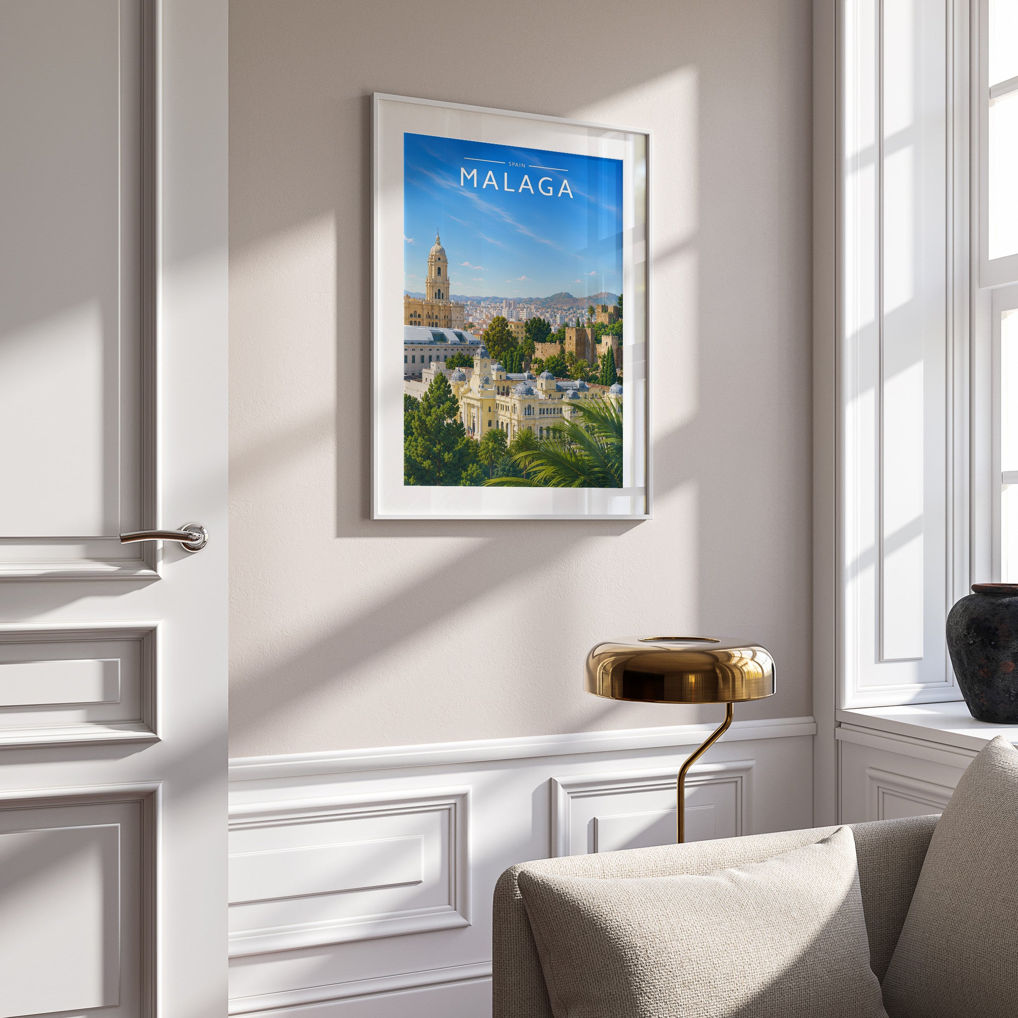 Malaga #2 Travel Poster in a white frame on a panelled wall