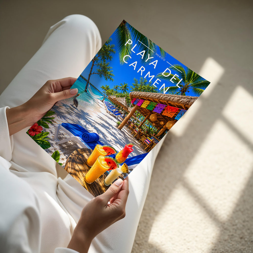 Playa del Carmen Travel Poster - A4 print held in hand