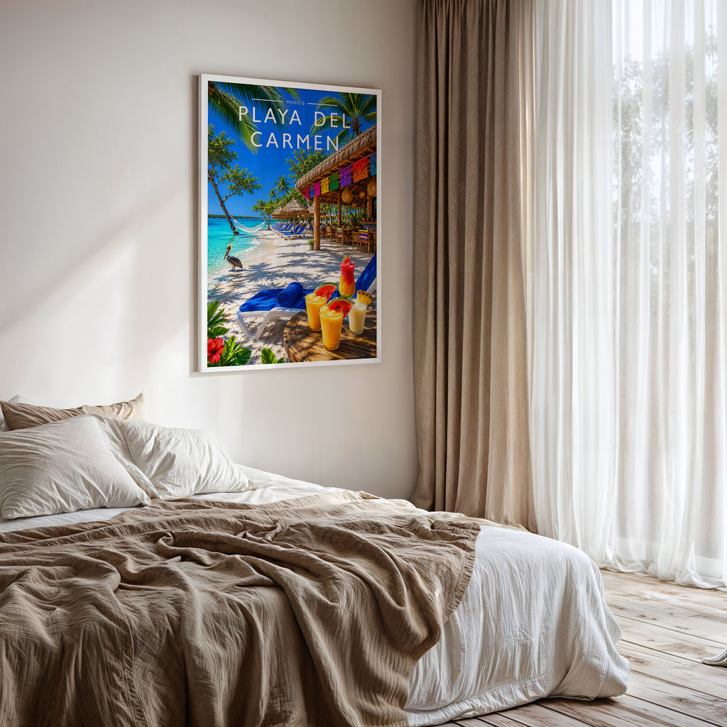 Playa del Carmen Travel Poster framed on a bedroom wall