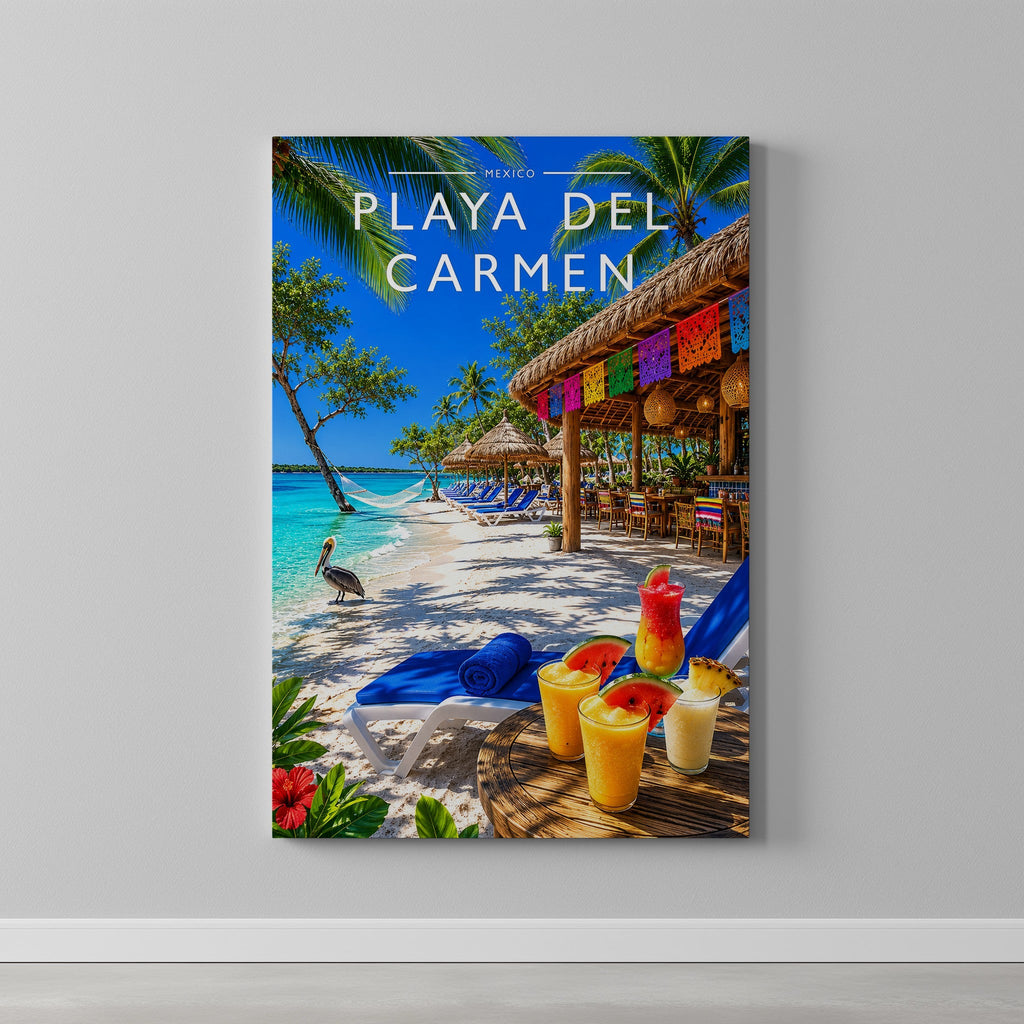 Playa del Carmen Travel Poster as a gallery-wrapped canvas on a plain wall