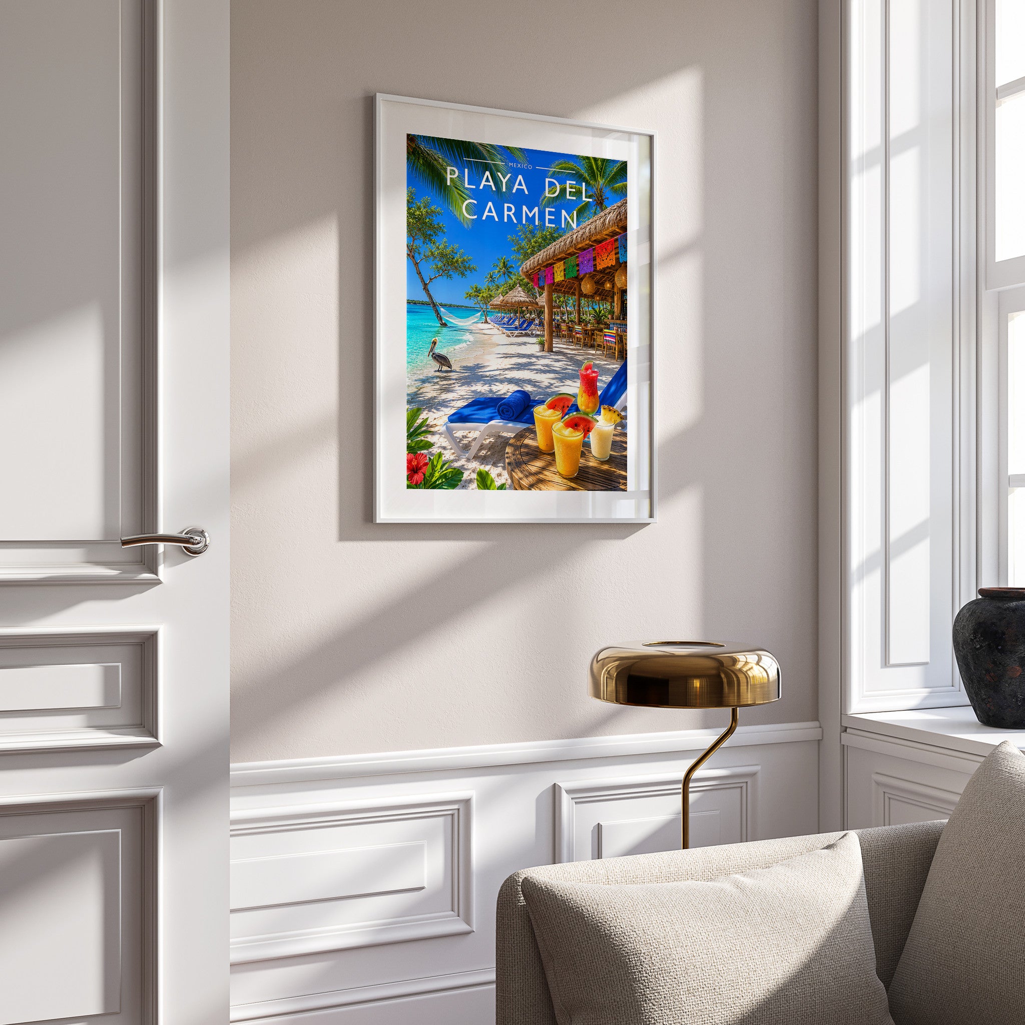 Playa del Carmen Travel Poster in a white frame on a panelled wall