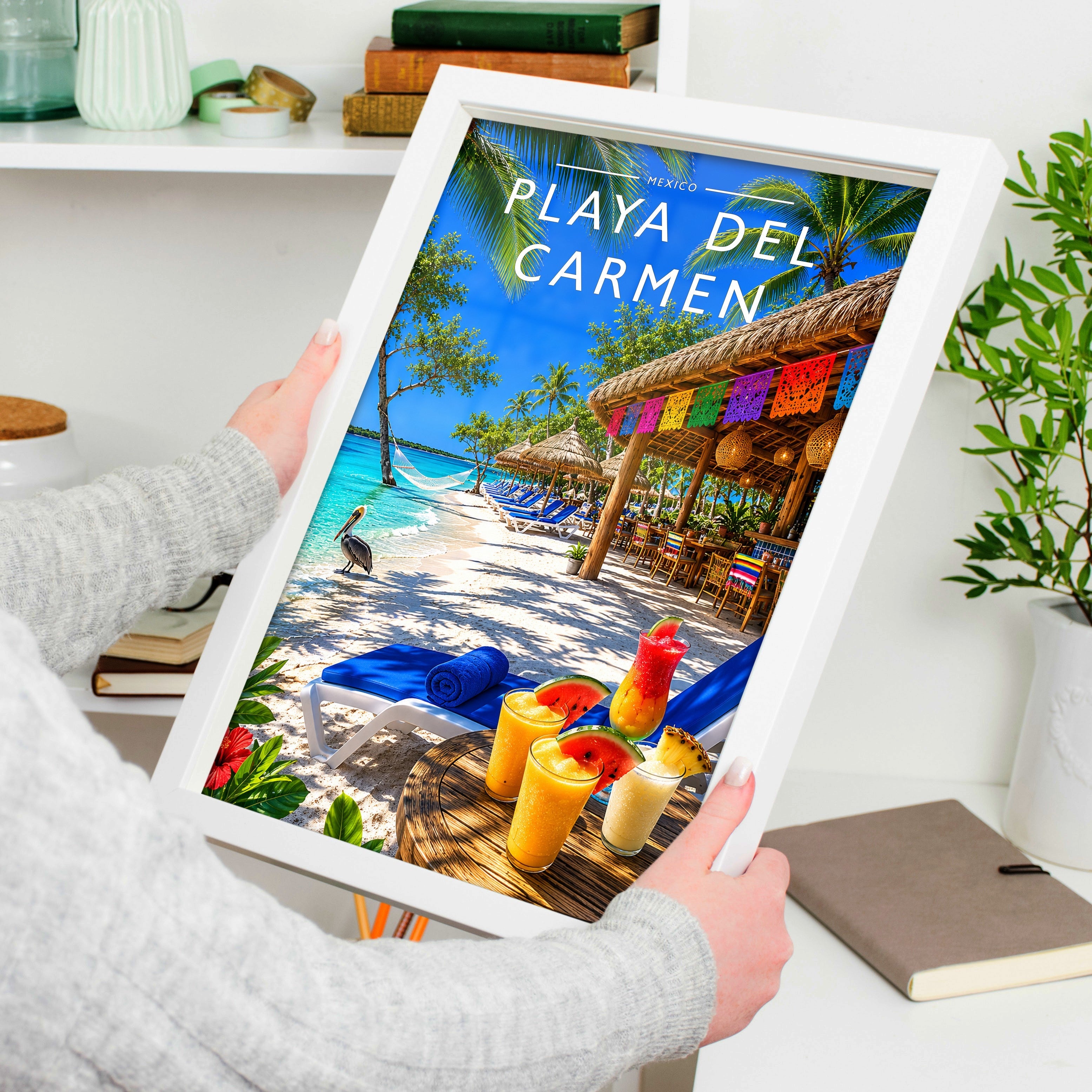 Playa del Carmen Travel Poster held in a white frame