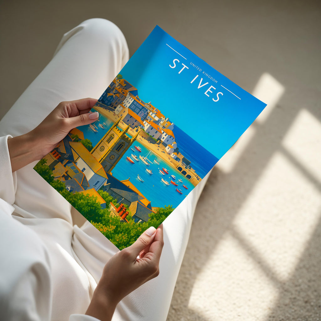 St Ives Travel Poster - A4 print held in hand