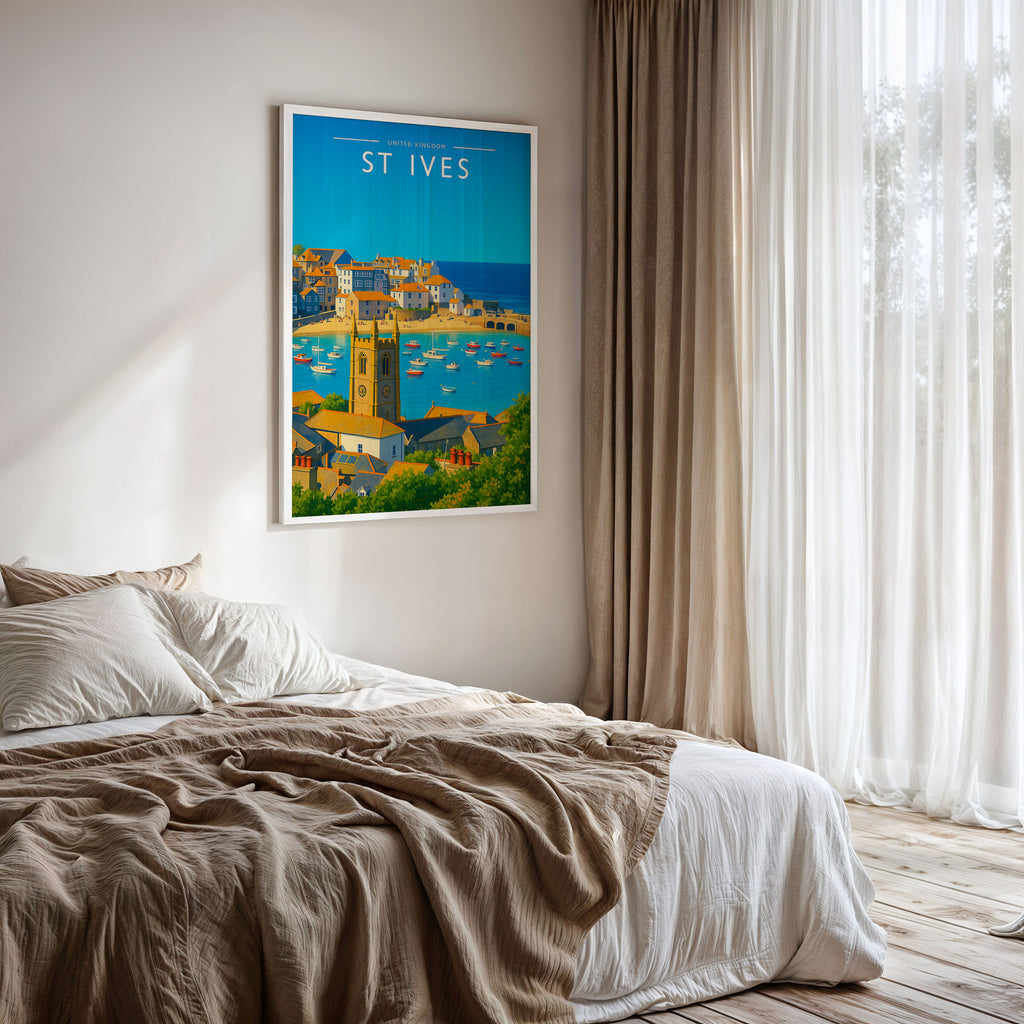 St Ives Travel Poster framed on a bedroom wall