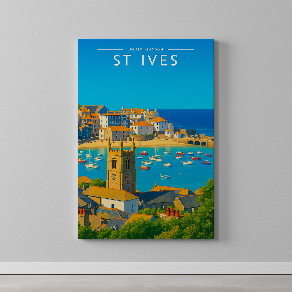 St Ives Travel Poster as a gallery-wrapped canvas on a plain wall
