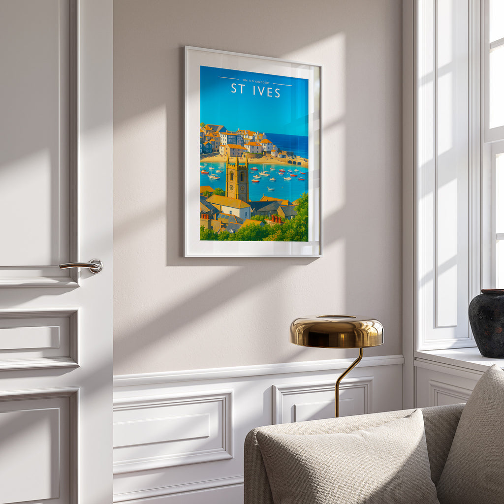 St Ives Travel Poster in a white frame on a panelled wall